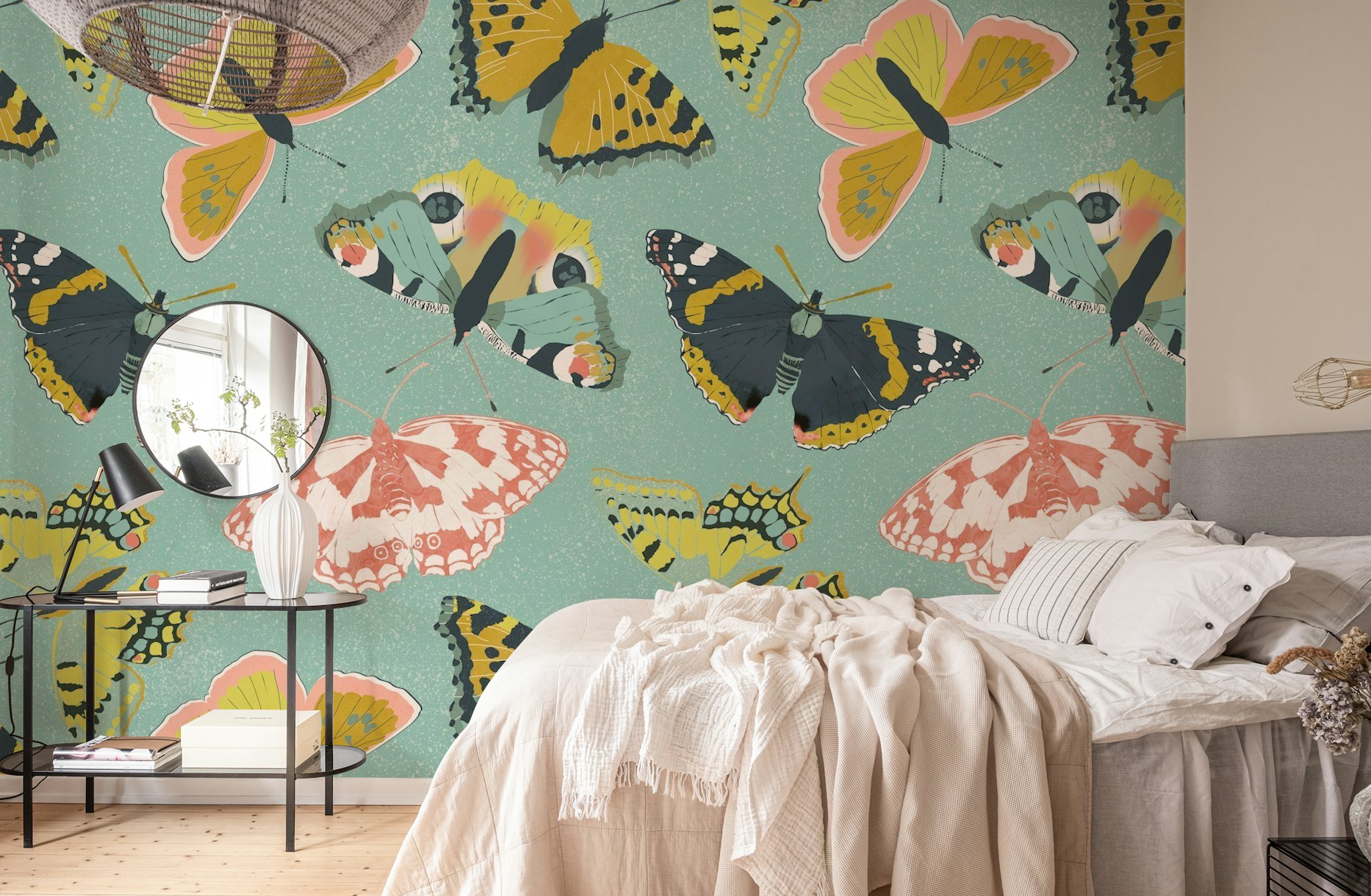 Butterflies Garden teal wallpaper