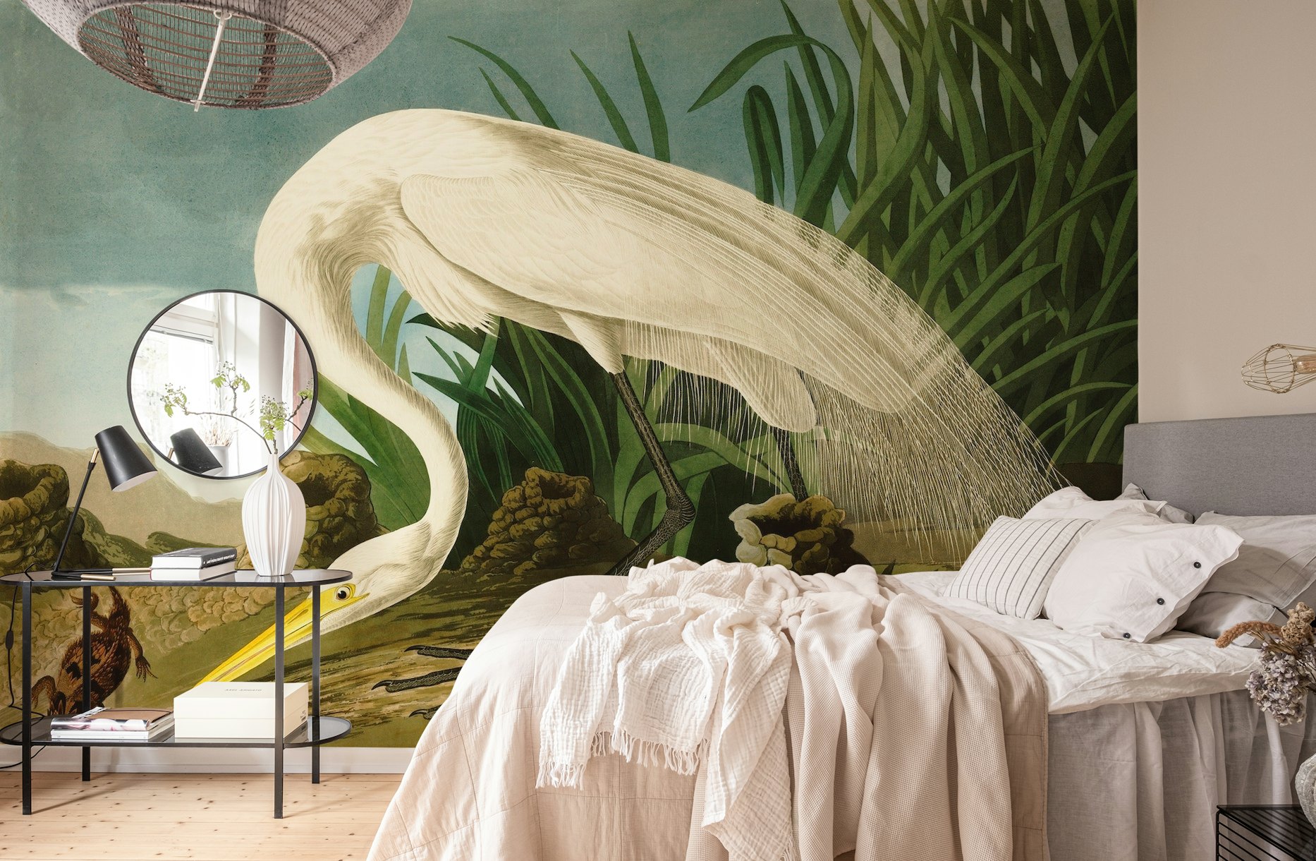 Enchanting White Heron Wallpaper design by Happywall