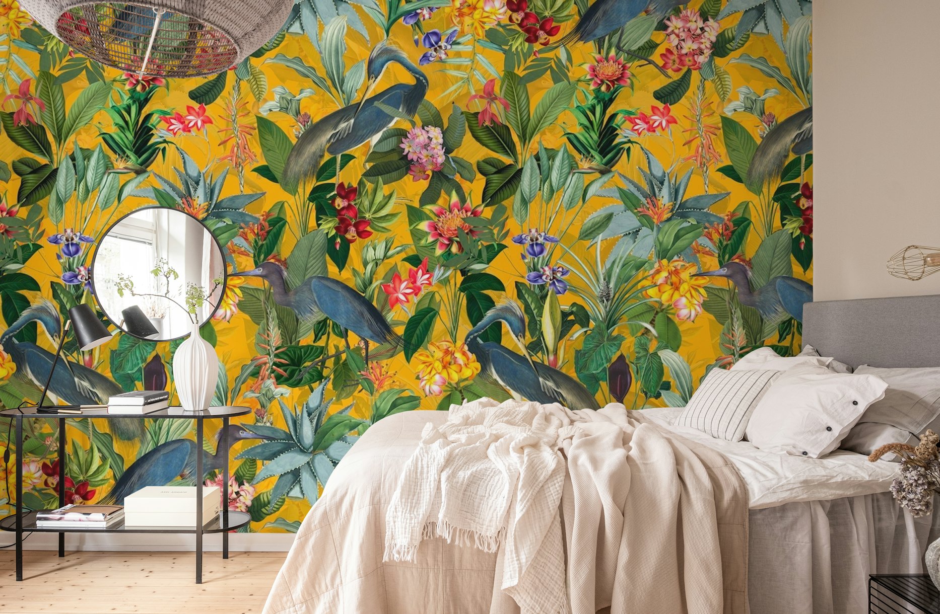 Heron Flower Jungle yellow wallpaper