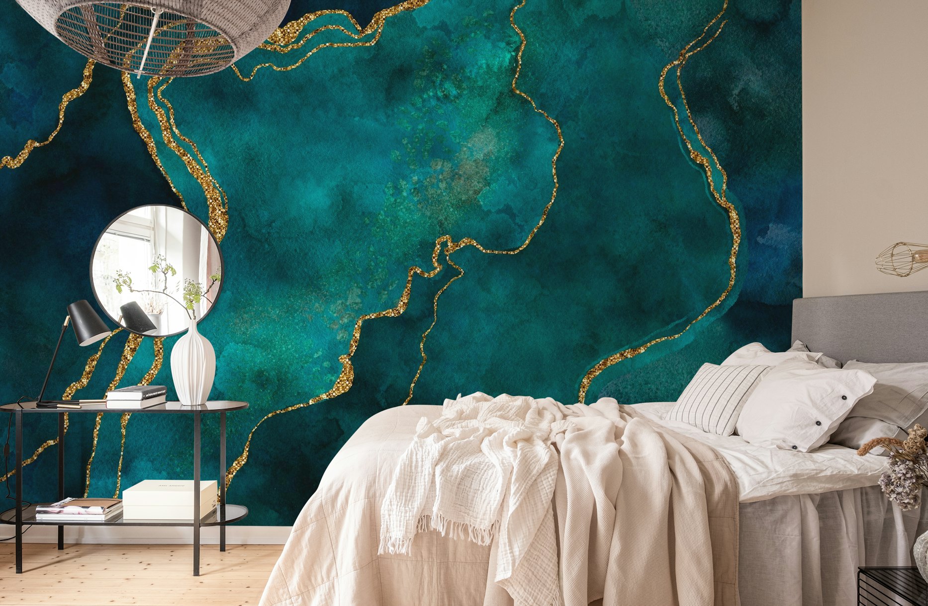 Luxurious Teal and Gold Gemstone Wallpaper Design