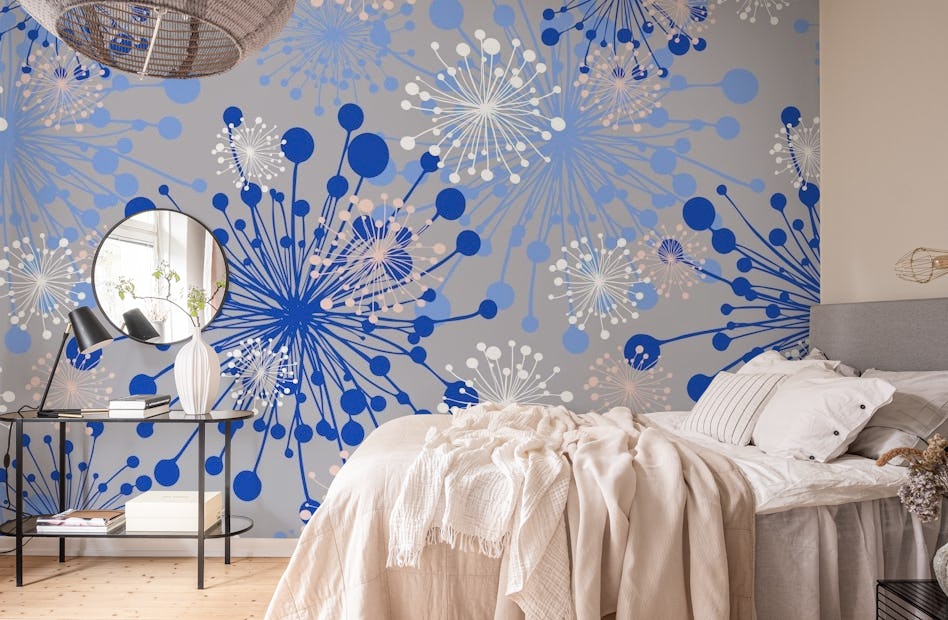 Dandelions grey royal blue wallpaper - Happywall