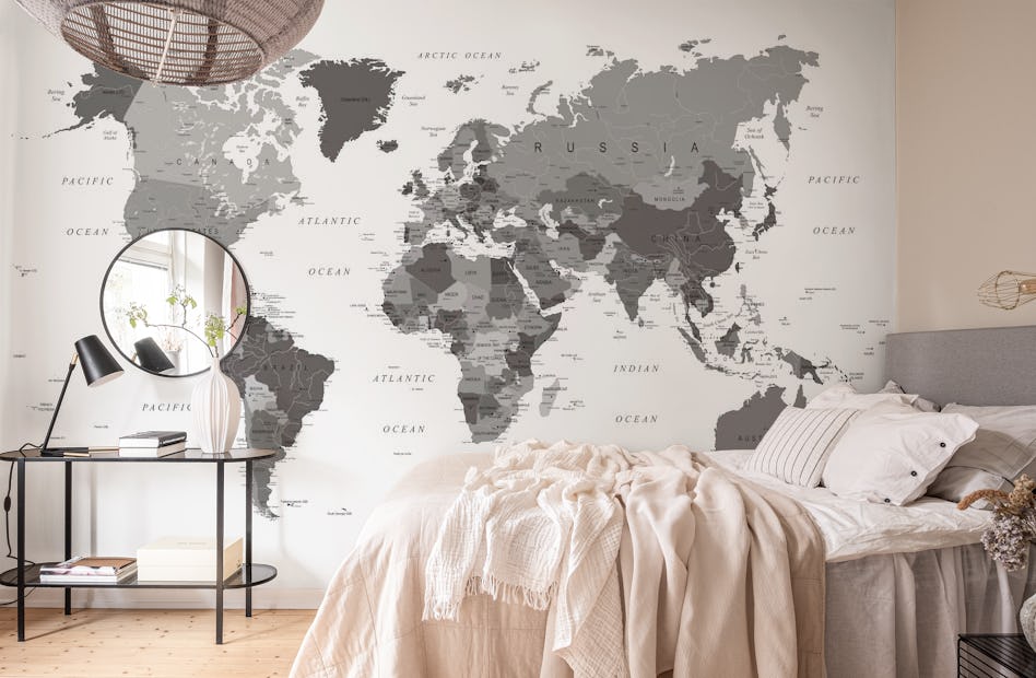 Black and White World Map wallpaper - Happywall