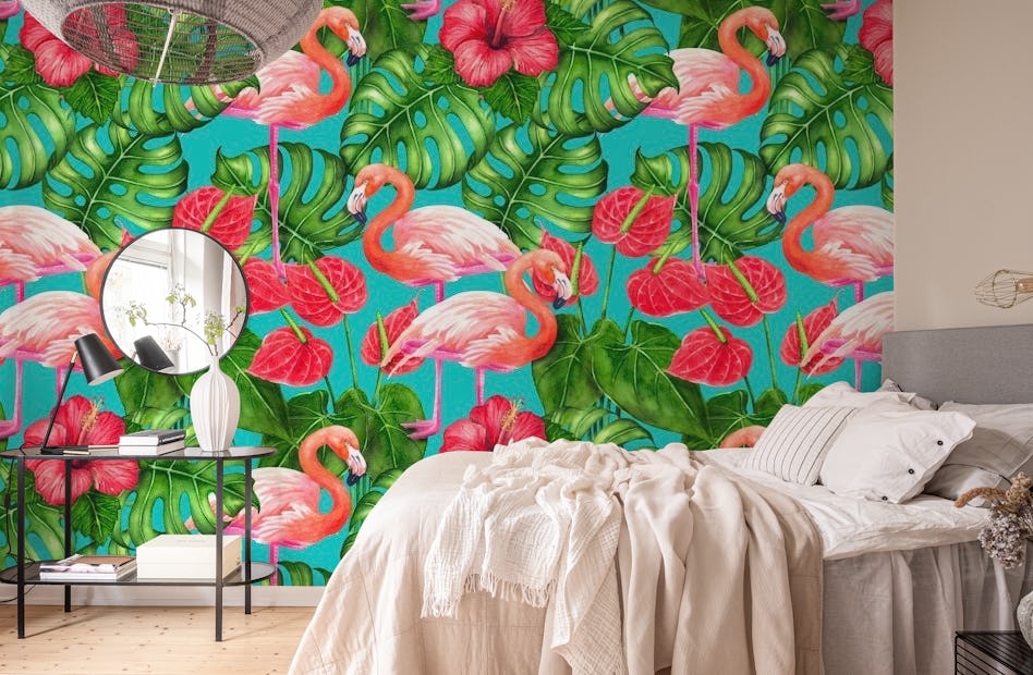Flamingo and tropical garden wallpaper - Happywall
