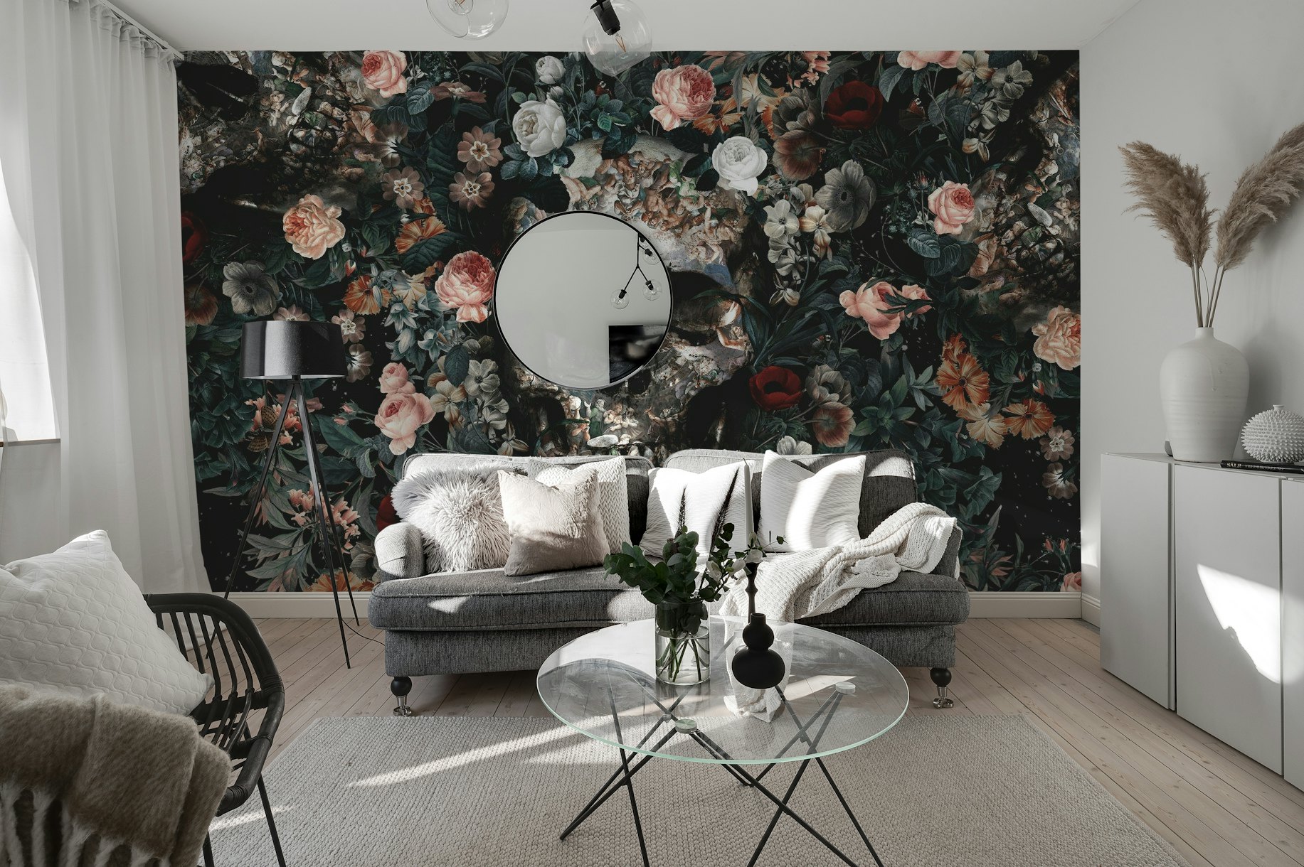 Skull and Floral pattern wallpaper