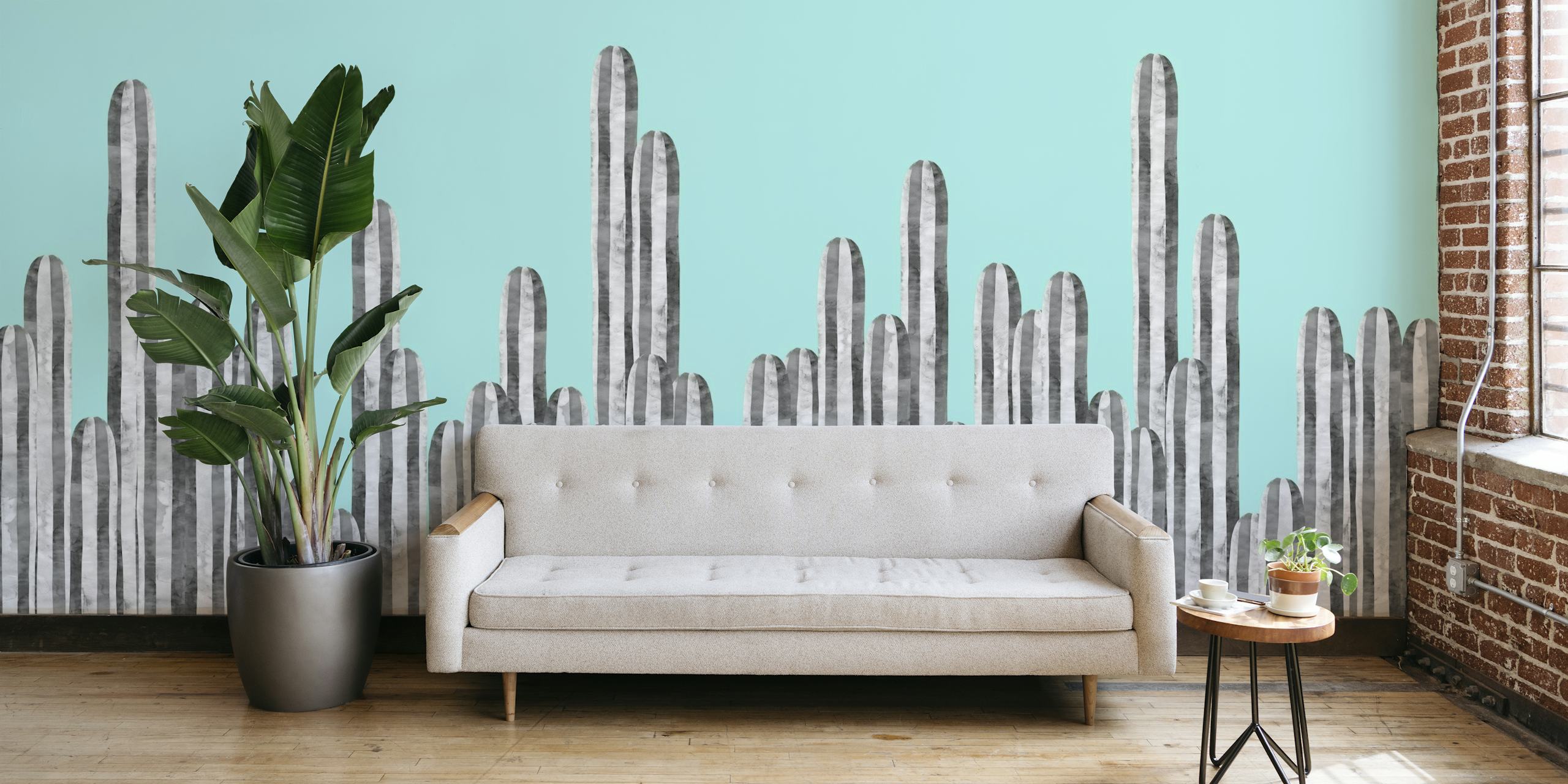 Cactus Landscape Wall Mural with pastel turquoise background and cactus silhouettes
