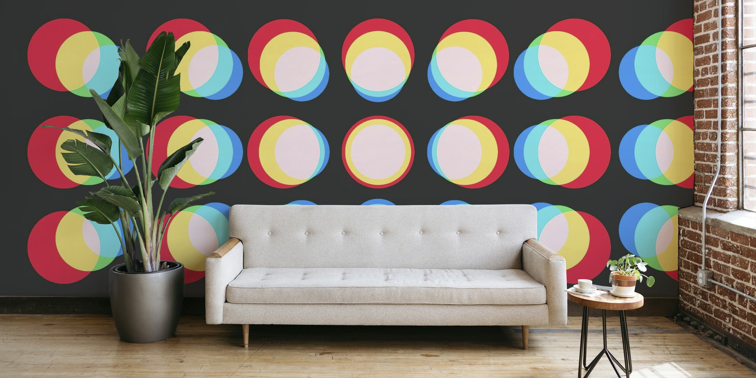Zidni mural šarenih koncentričnih krugova na crnoj pozadini