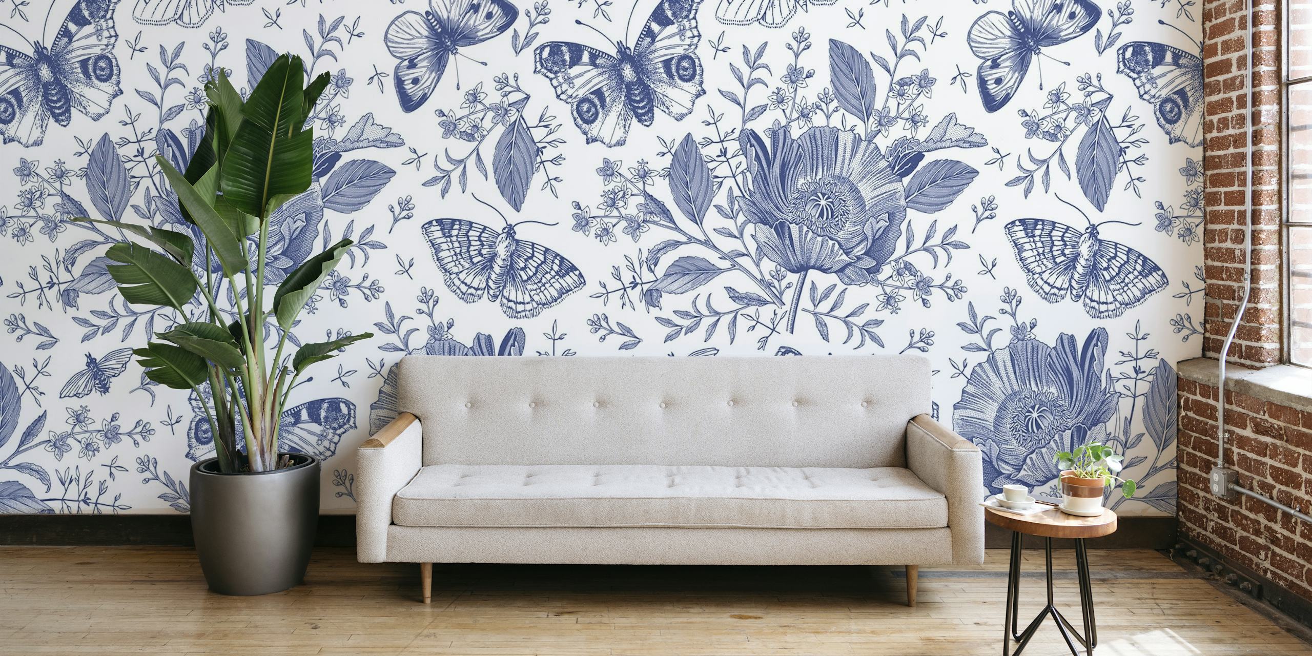 Sininen kasvitieteellinen ja perhoskuvioinen seinämaalaus osoitteesta happywall.com