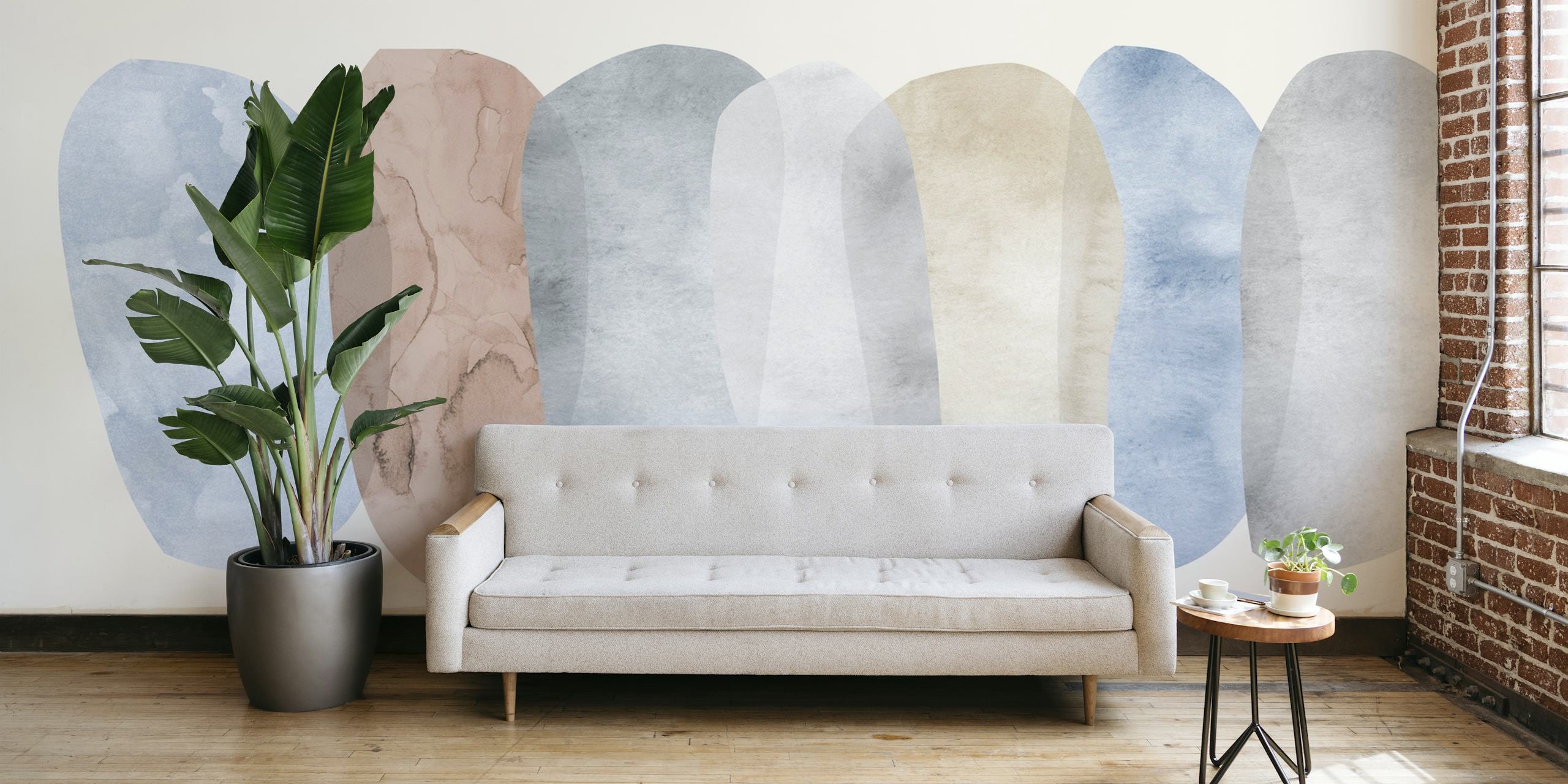 Pastel abstrakt collage vægmaleri med beroligende blå og neutrale toner