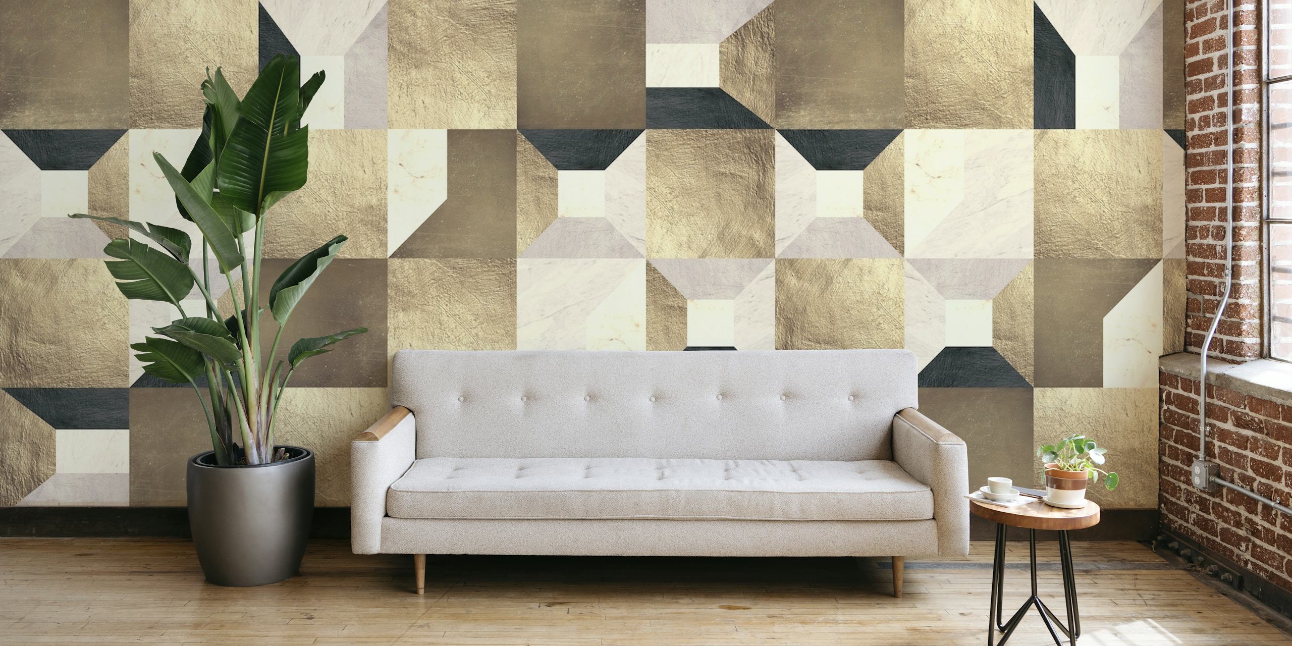 Geometrinen kultaisen neliön seinämaalaus, jossa beigen, kerman ja kullan sävyjä muodostavat elegantin kuvion.