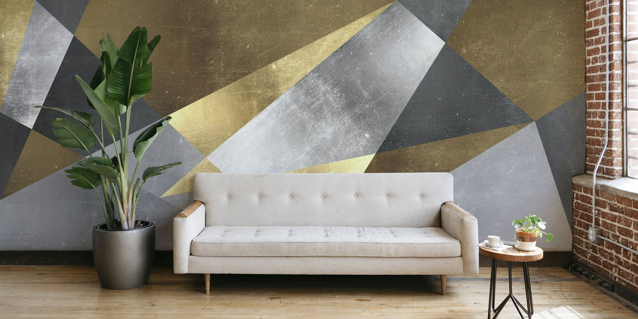 Art gold and silver geometric wall mural with gold and silver triangles