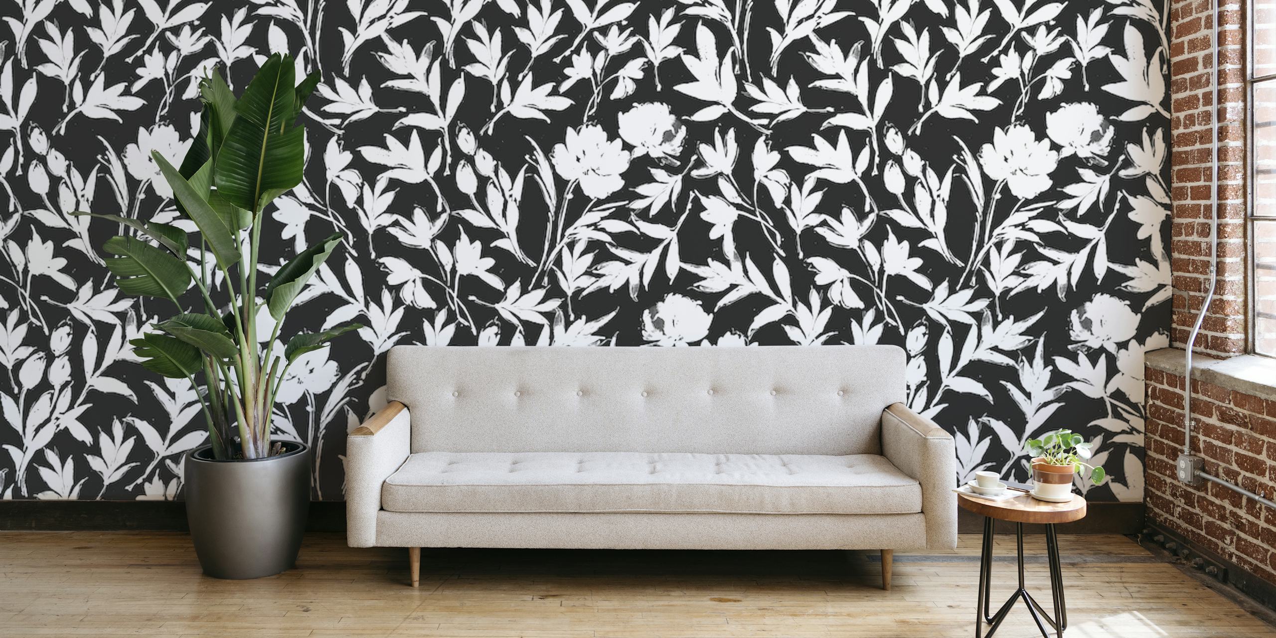 Black and white floral garden wall mural with intricate botanical patterns