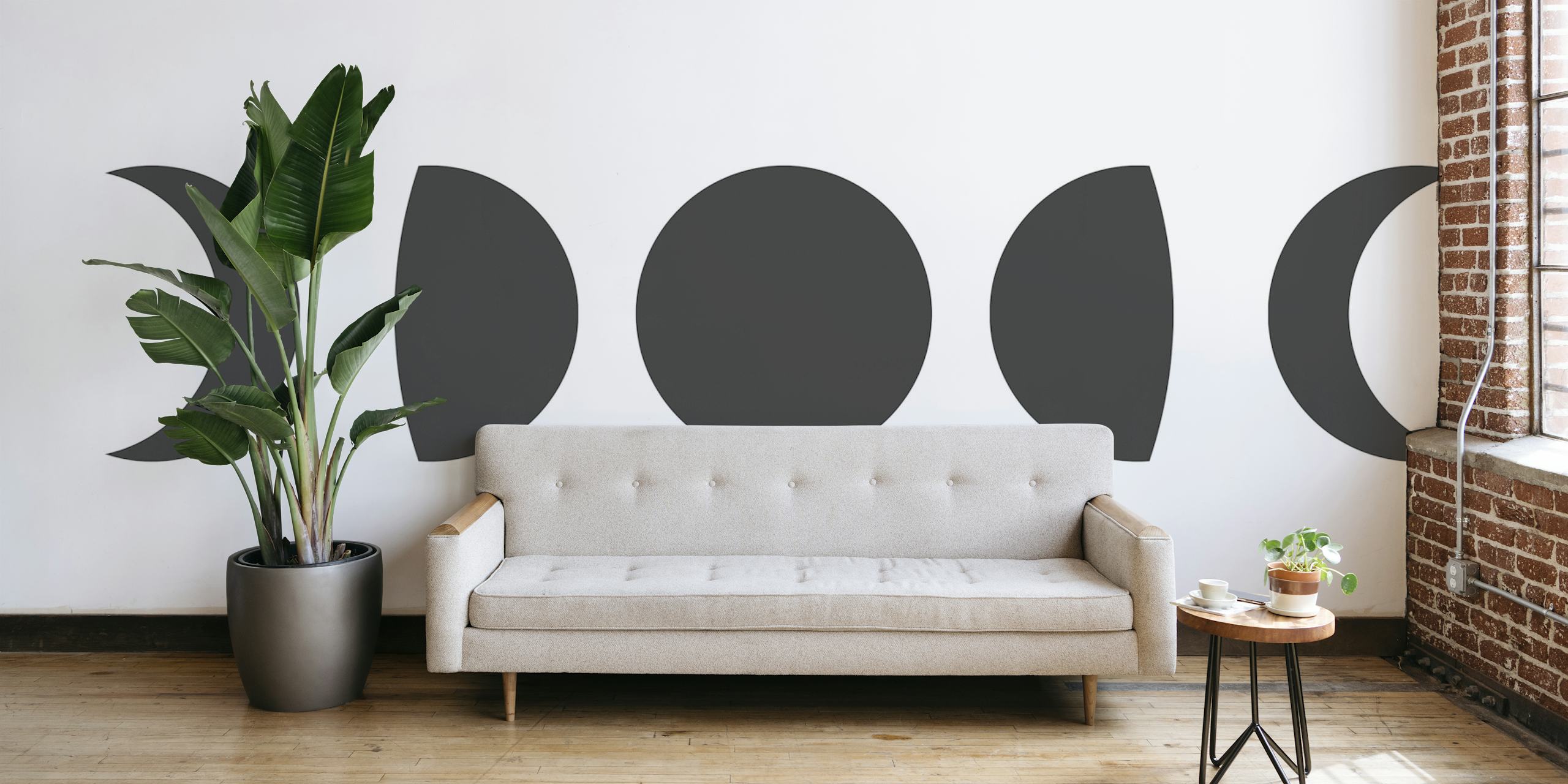 Seinätapetti kuun vaiheista minimalistisessa mustavalkoisessa designissa