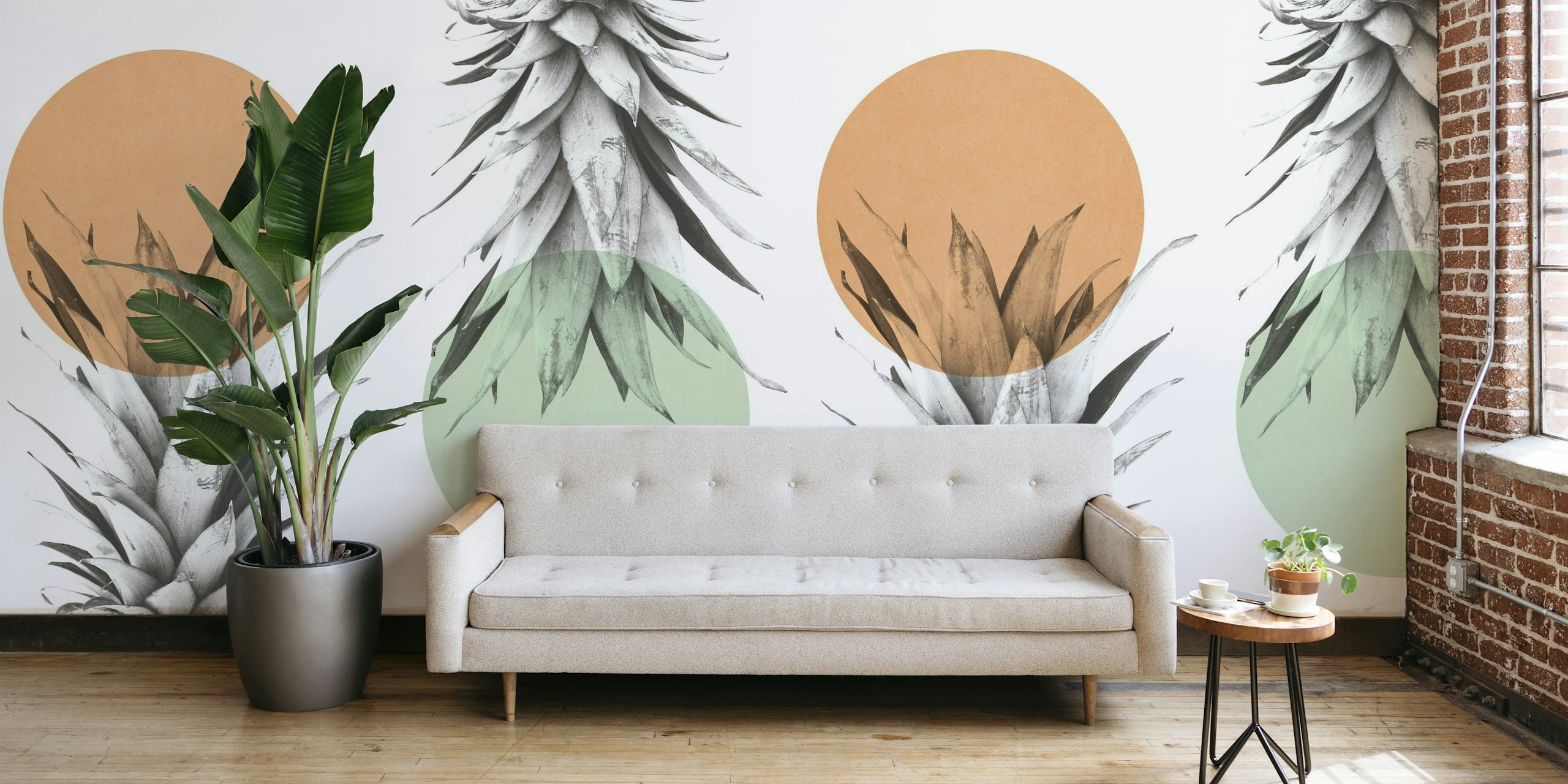 Stylized pineapples with color accents wall mural