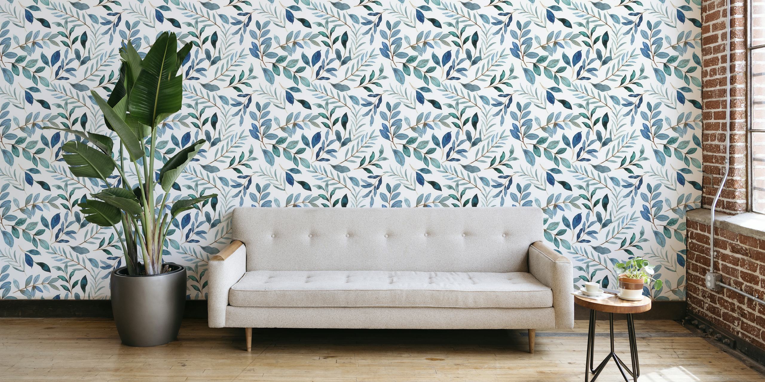 Botanical Pattern 4 wall mural with soothing green and blue plant design