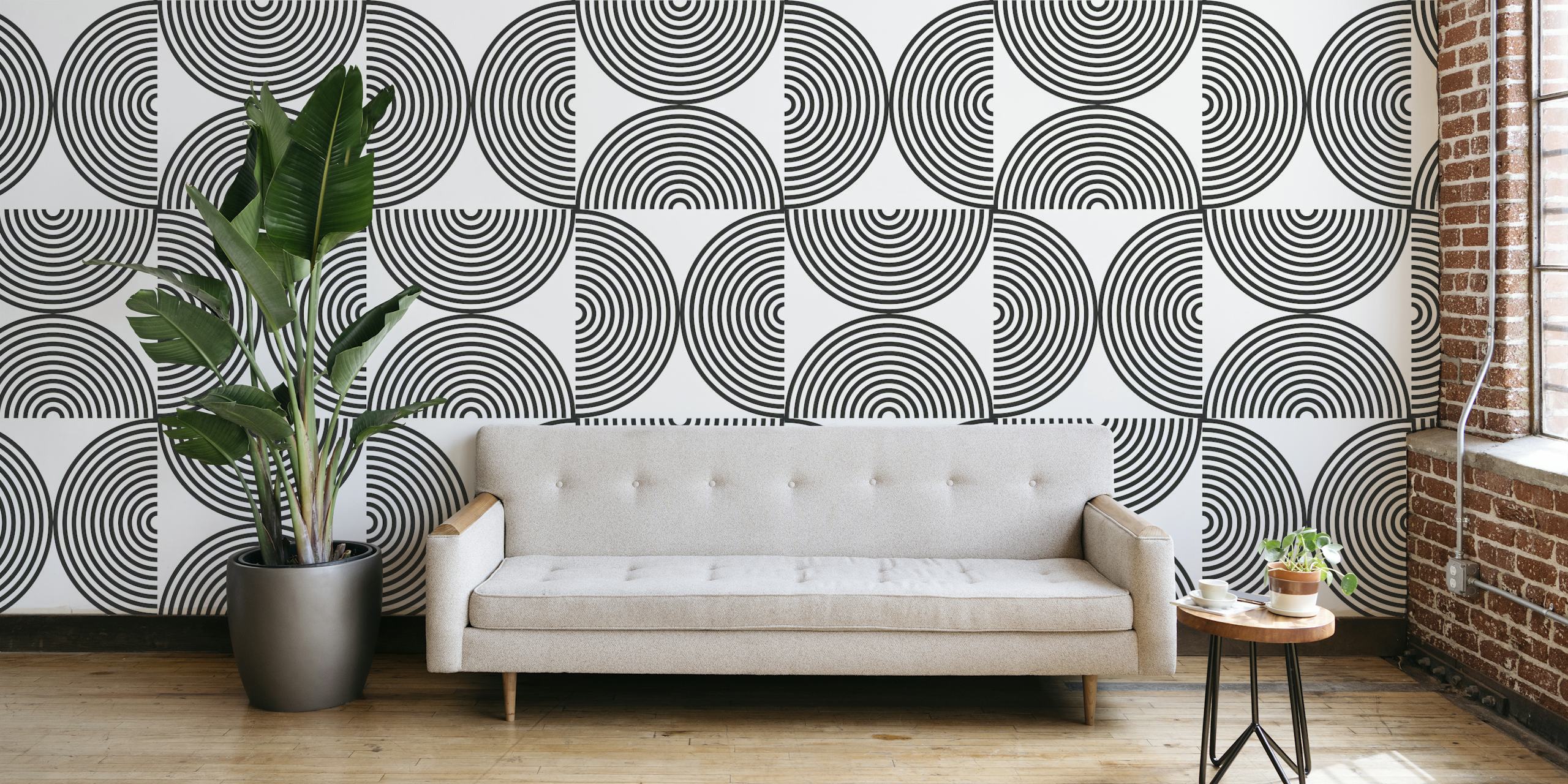 Fotomural vinílico de parede com padrão de linhas e círculos geométricos em tons de cinza