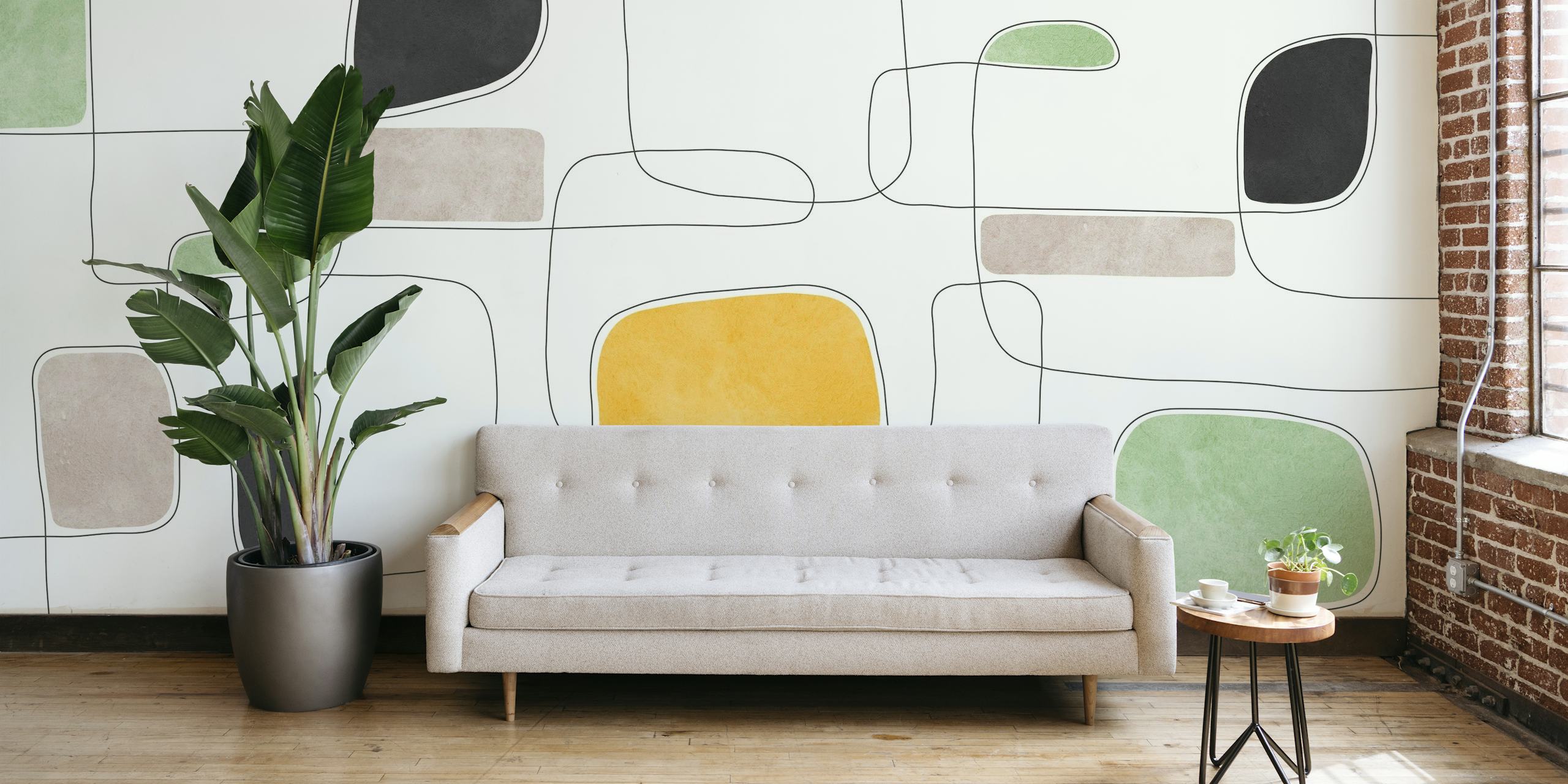 Abstract wall mural featuring hand-drawn lines and brushstrokes in neutral and bold colors