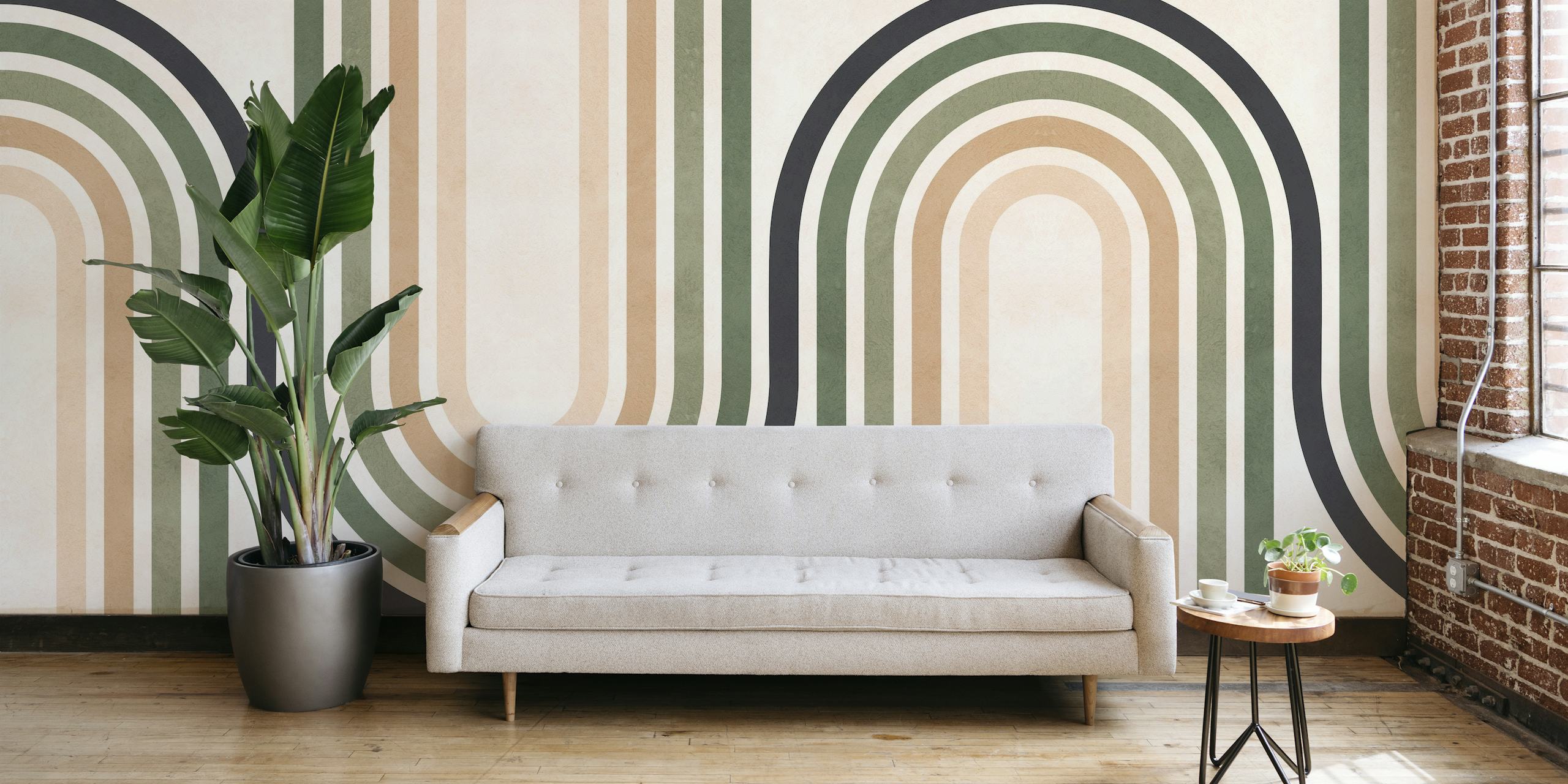 Zidni mural sa apstraktnim linijama i krugovima u neutralnim tonovima