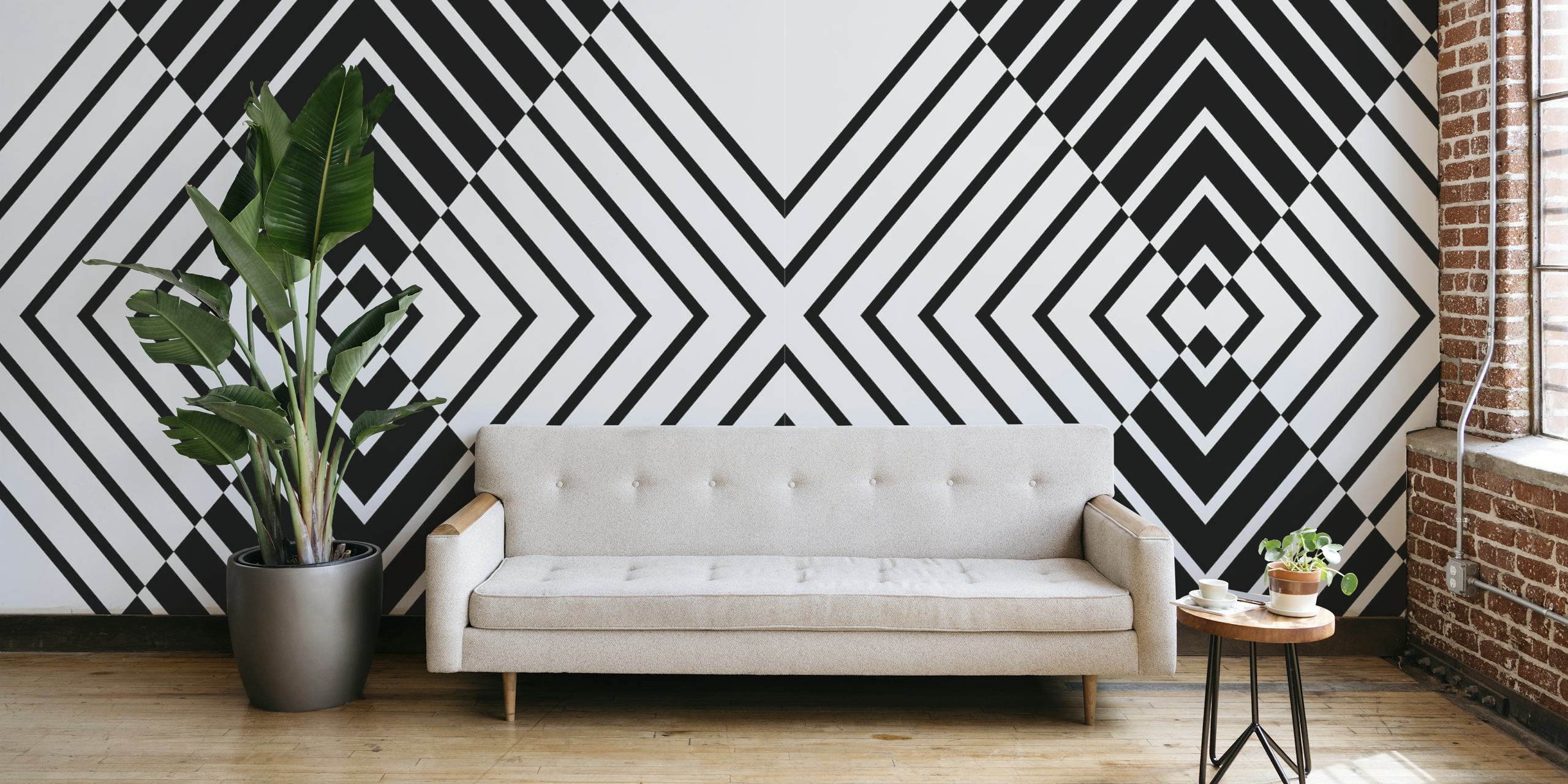 Mustavalkoinen geometrinen kuviollinen seinämaalaus, joka luo rohkean abstraktin kuvion