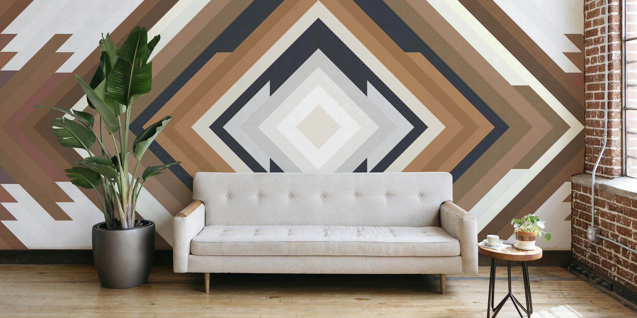 Abstract geometric bands wall mural with warm tones and diamond patterns