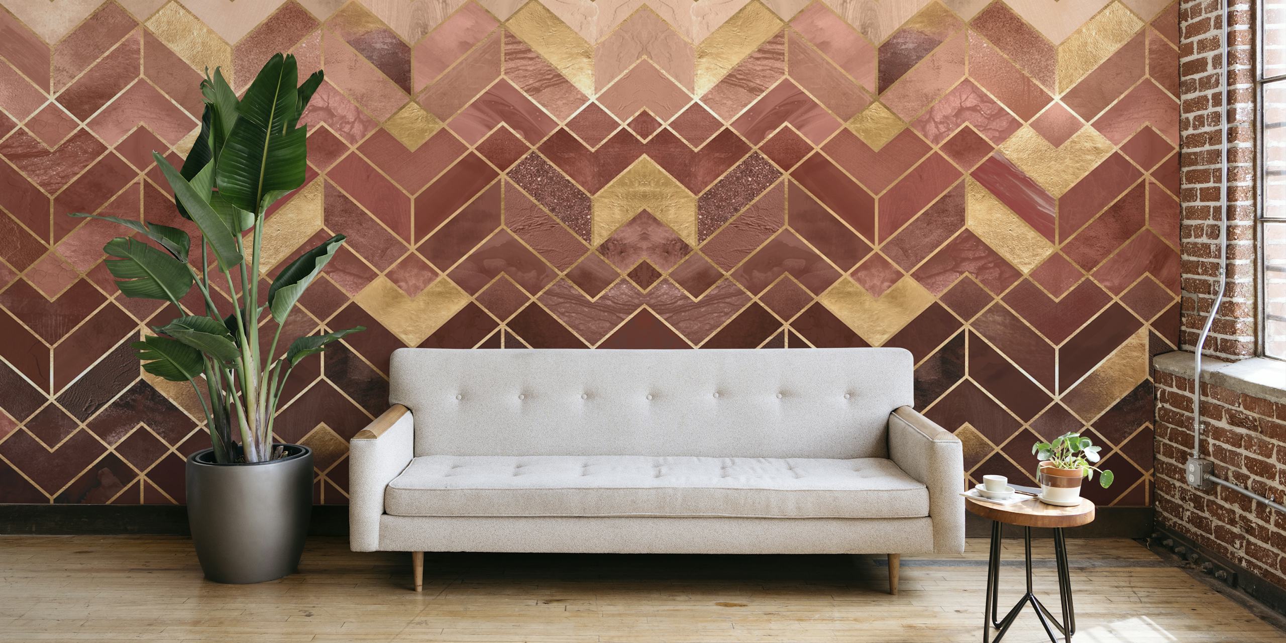 Geometric terracotta and gold pattern wallpaper