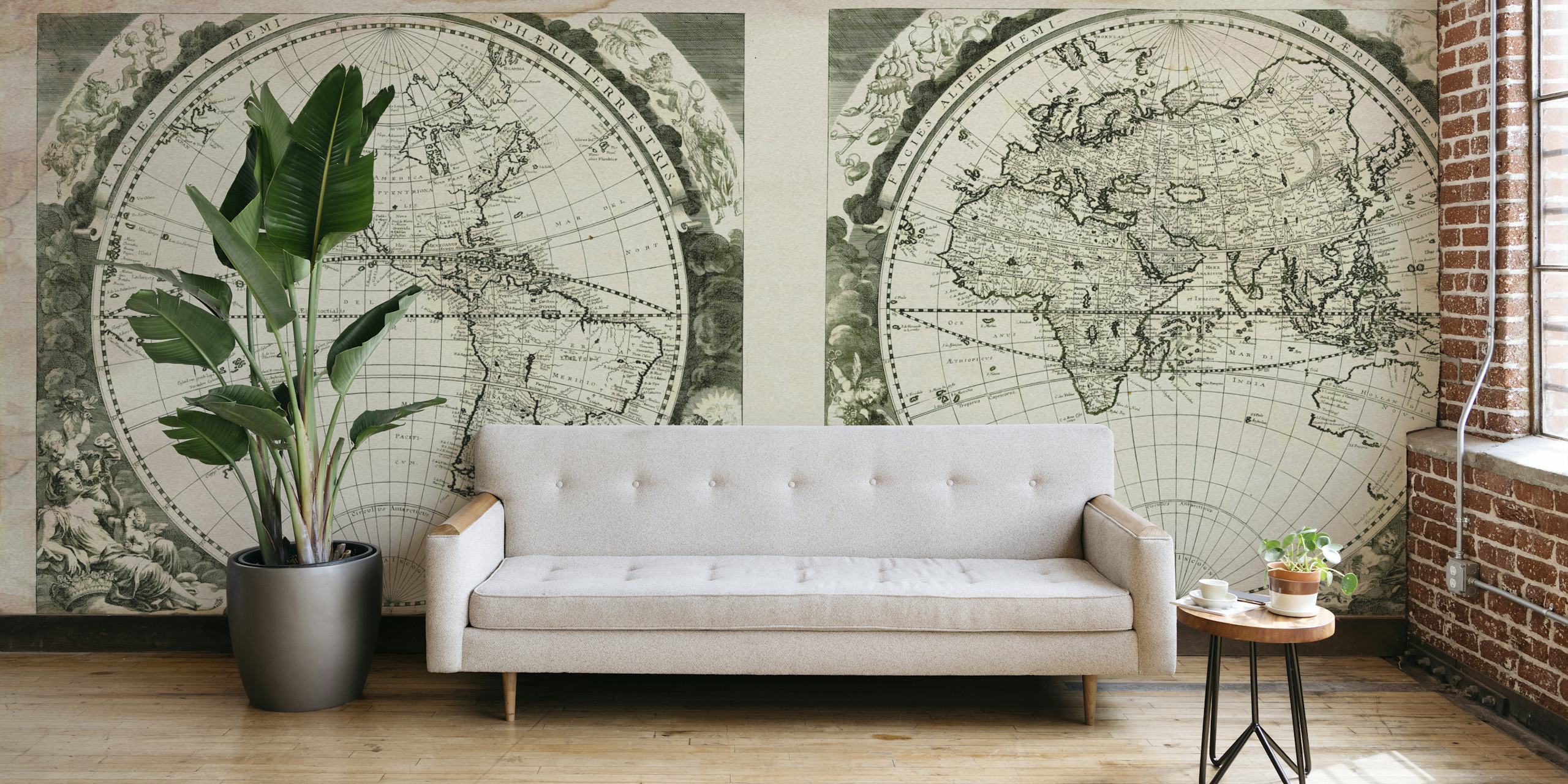 Vintage world map design in black and white with ornate details wallpaper