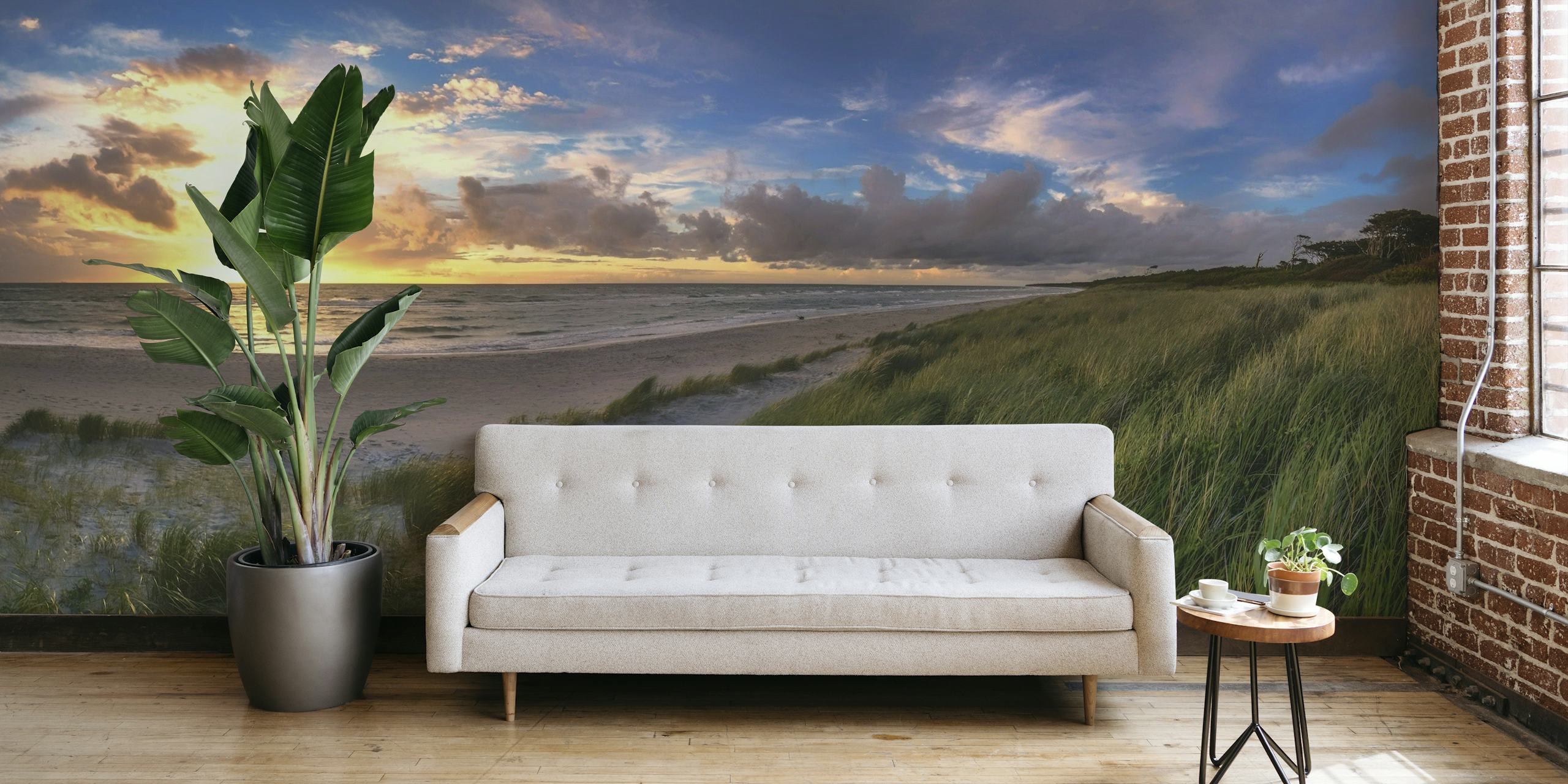 Scène de plage panoramique avec coucher ou lever de soleil, rivage sablonneux et fresque murale de douces vagues