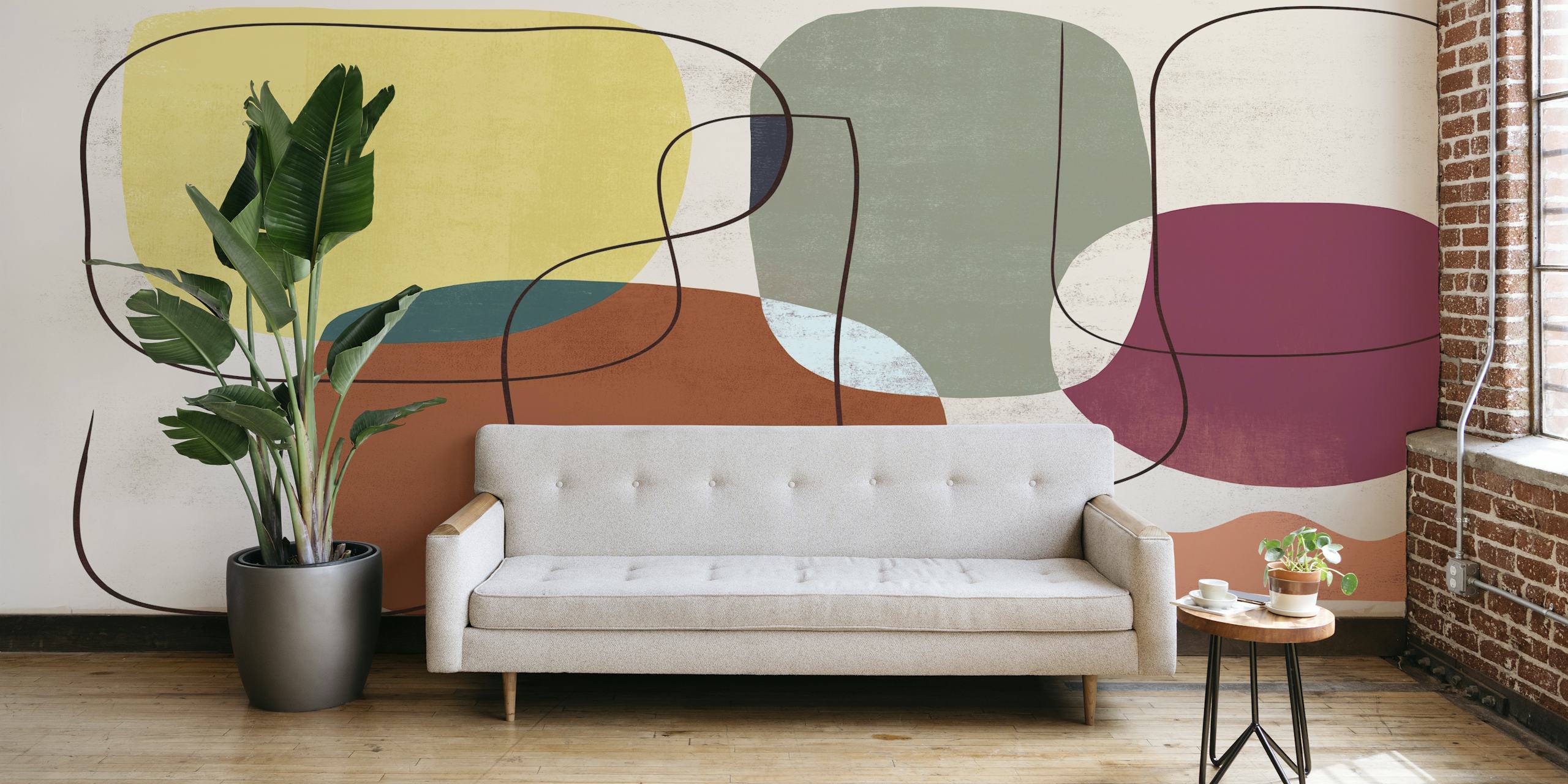 Papel de parede Colorful Mid-Century Art em um quarto