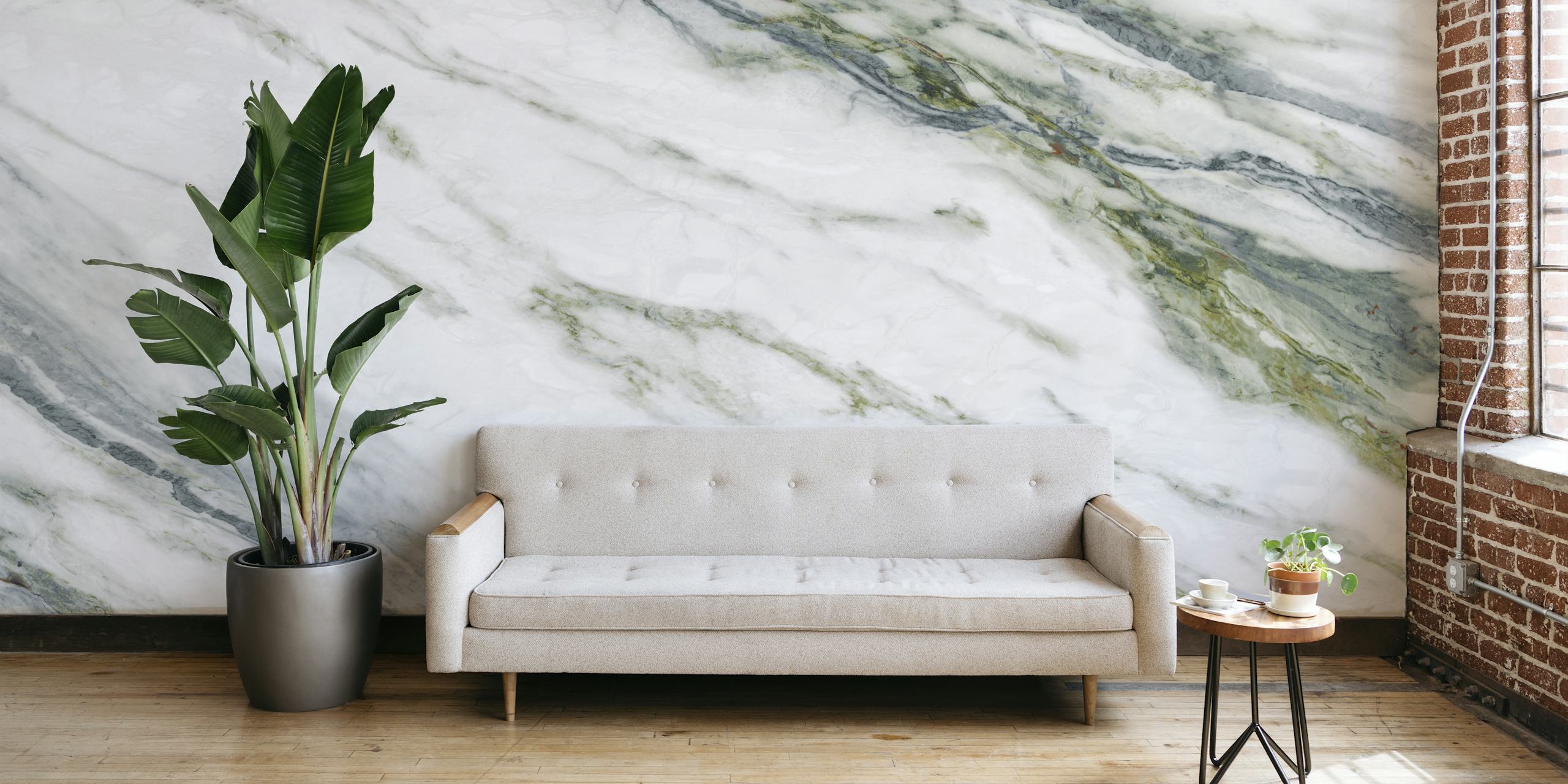 Calacatta Verde marble pattern wallpaper featuring white and green veining.