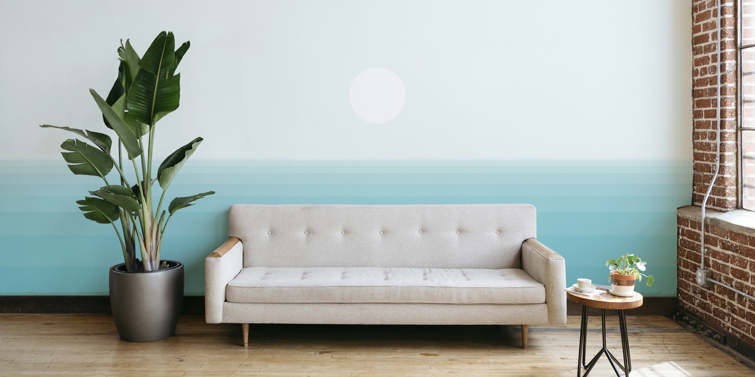 Gradient waves in shades of blue and teal with a white sun wallpaper