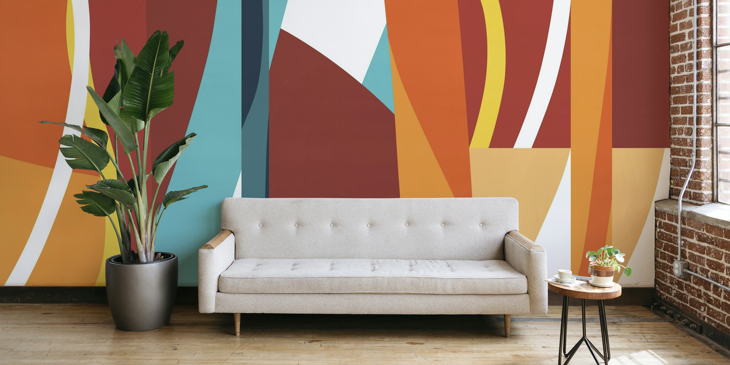 Dynamická abstraktní nástěnná malba s barevnými tahy v červené, oranžové, žluté a modré