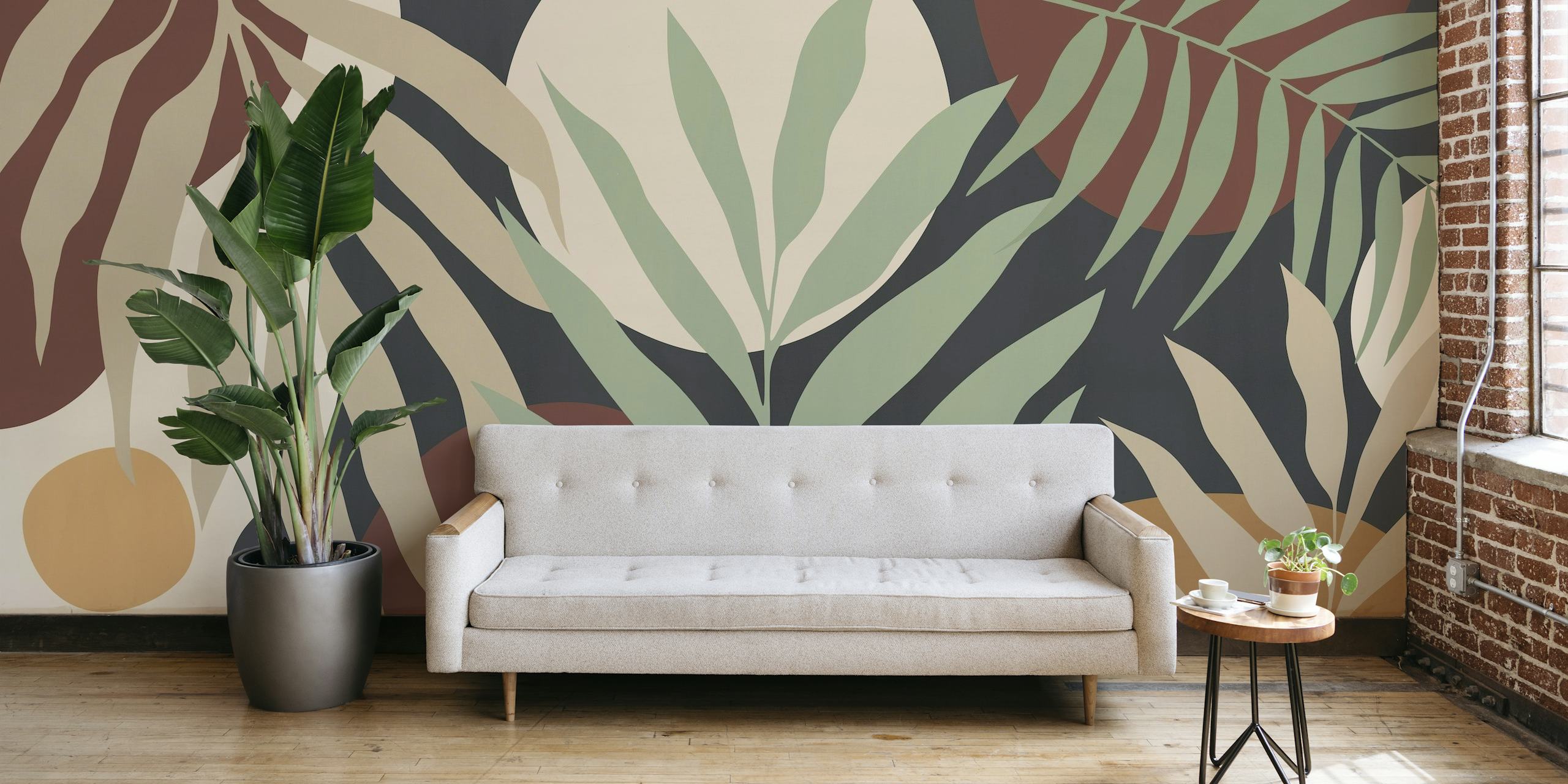 Tropical leaves wall mural with soft greens and earthy tones