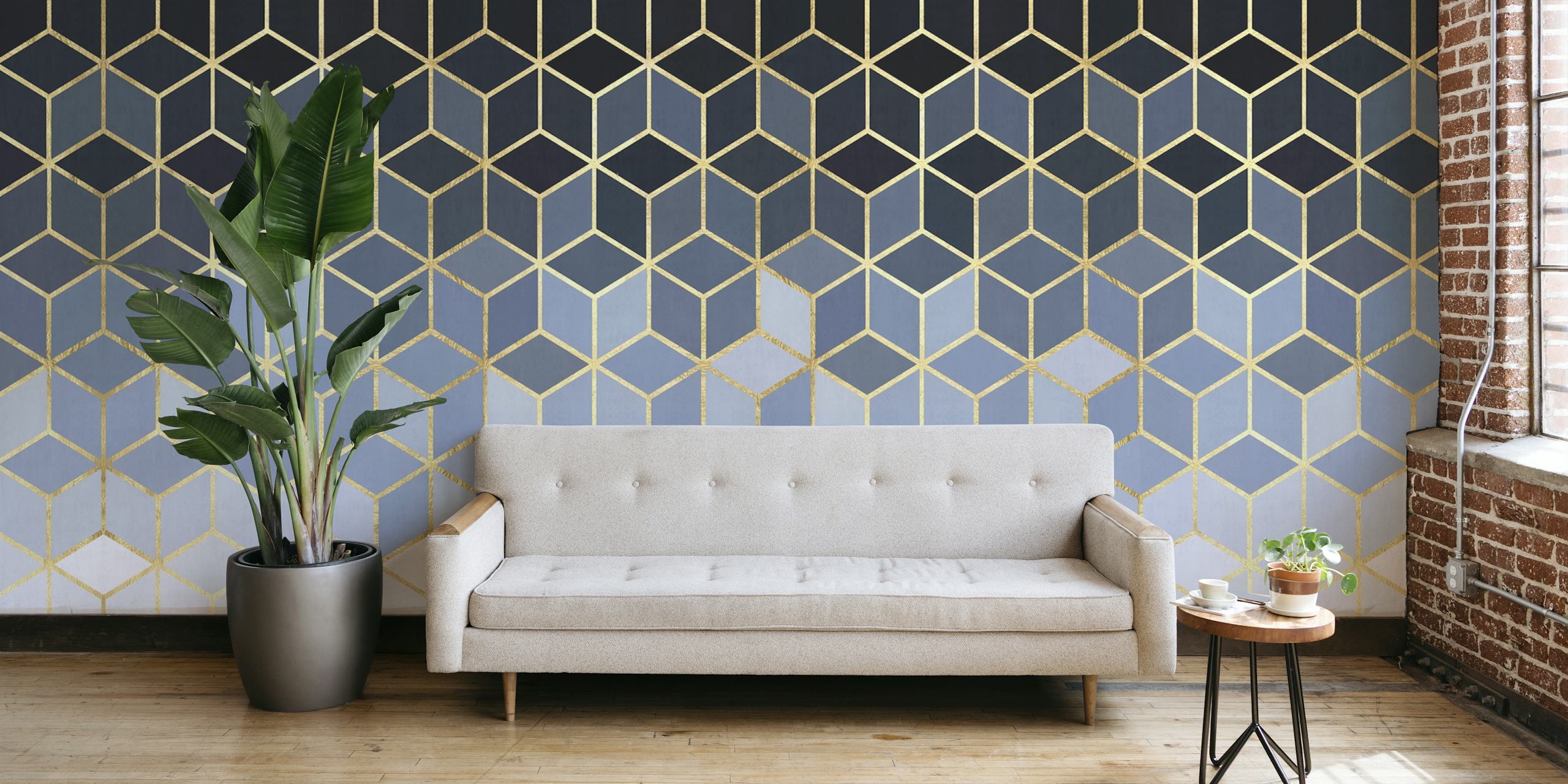 Geometric gold and blue pattern wallpaper