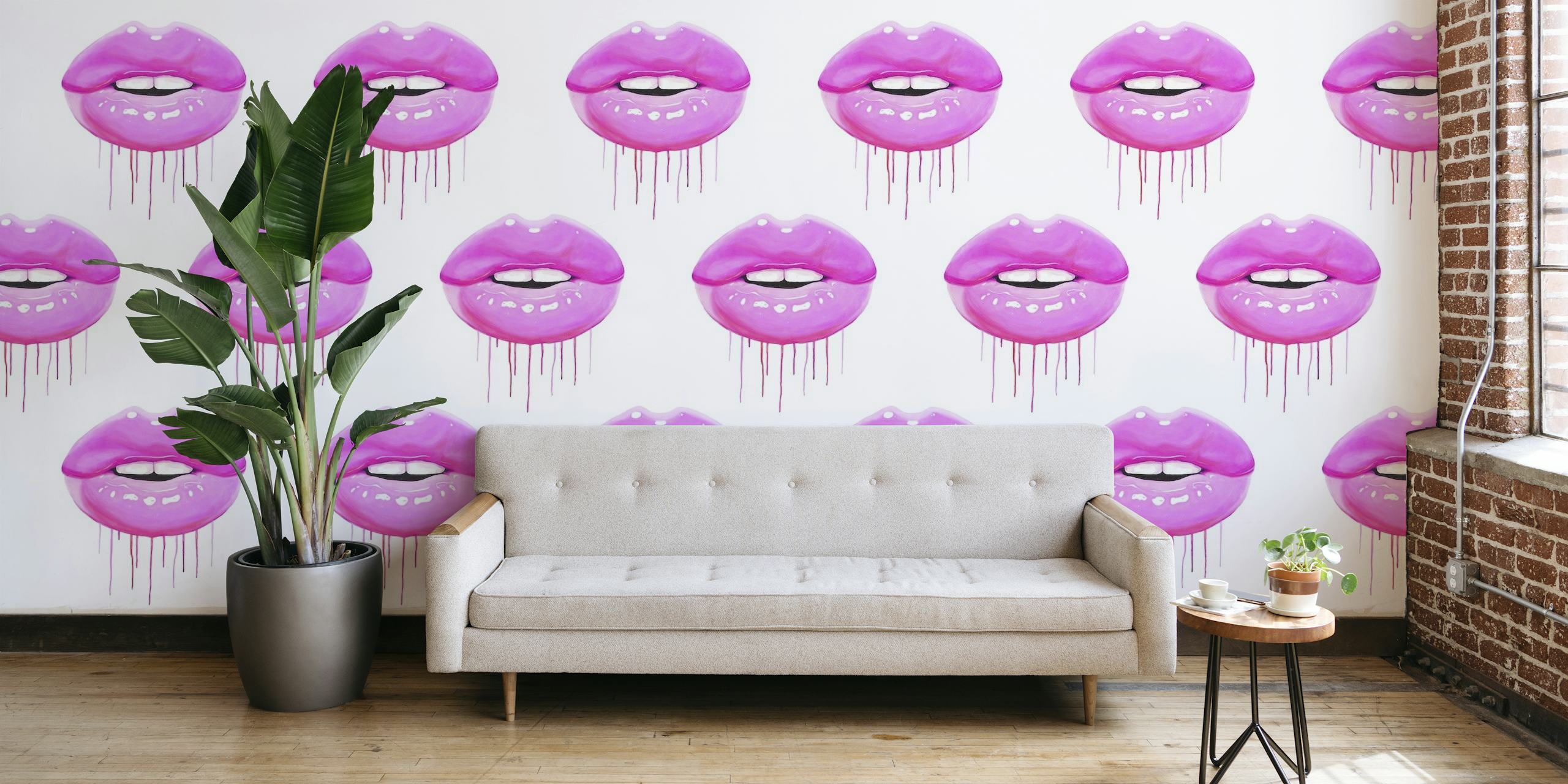 Pink lips pattern behang