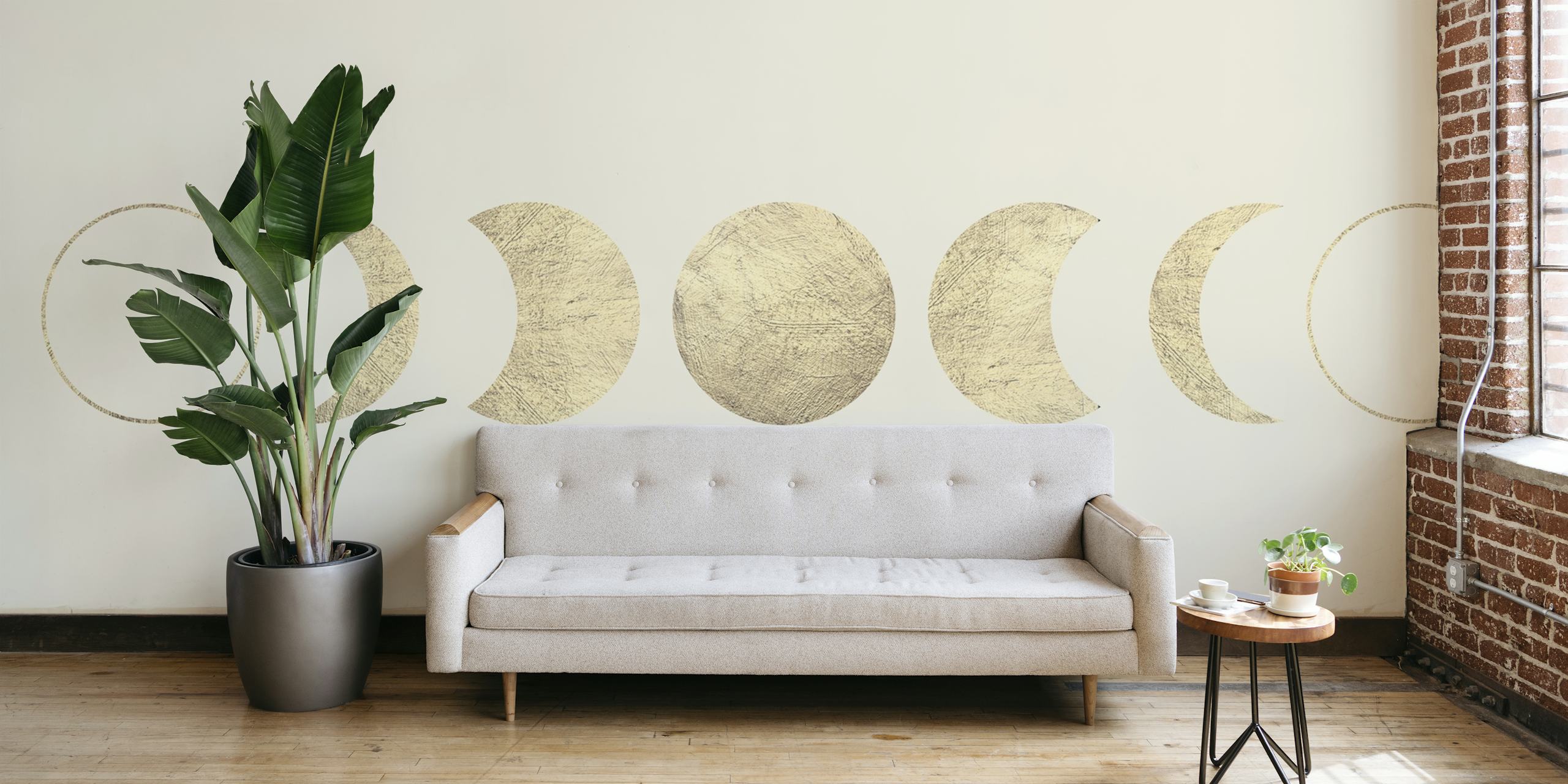 Gold moon phases design on a soft beige background wallpaper