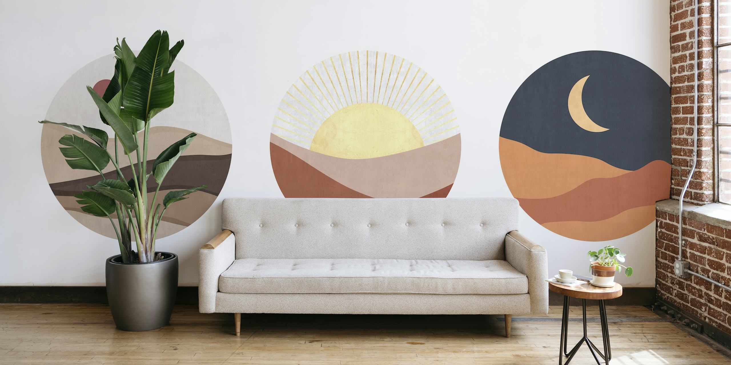 Abstract landscapes in earth tones with sun and moon elements, Boho wallpaper