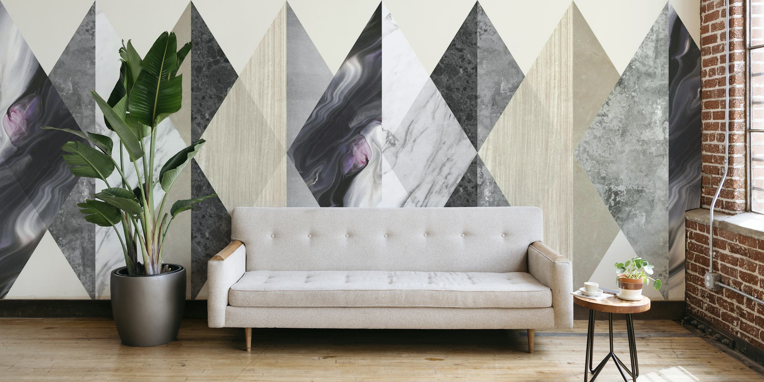 Elegant geometrisk mønster med marmorerte teksturer på veggmaleri