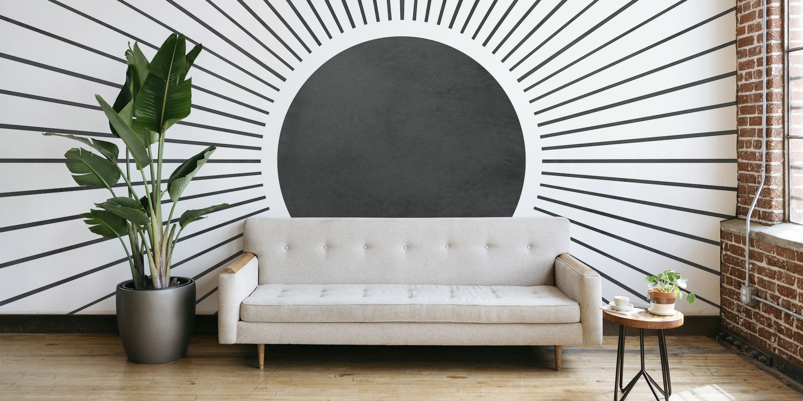 Monochrome sunbeam wall mural depicting a central eclipse with radiant lines