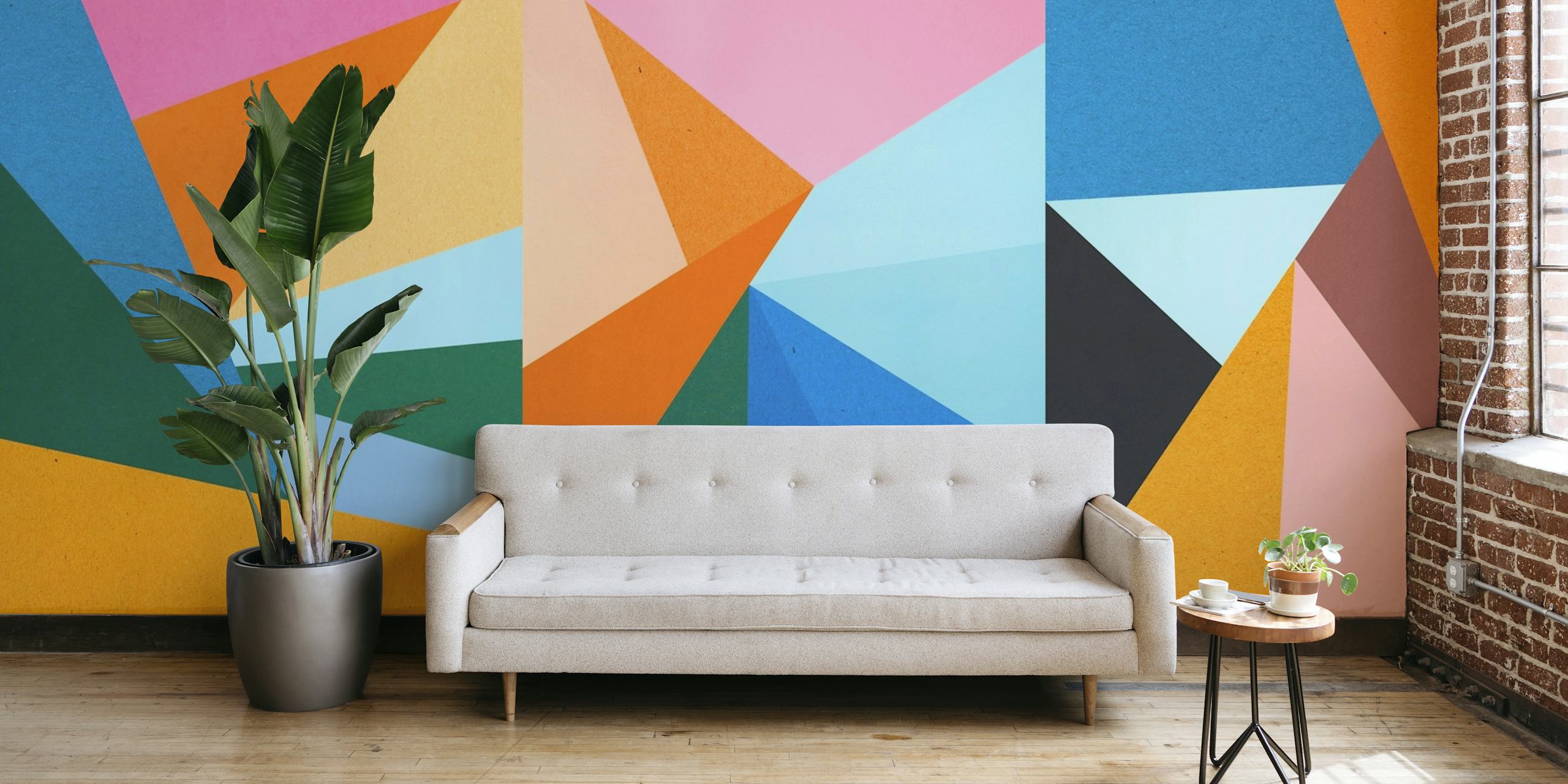 Mural de pared con motivos geométricos coloridos, formas dinámicas y una gama de colores