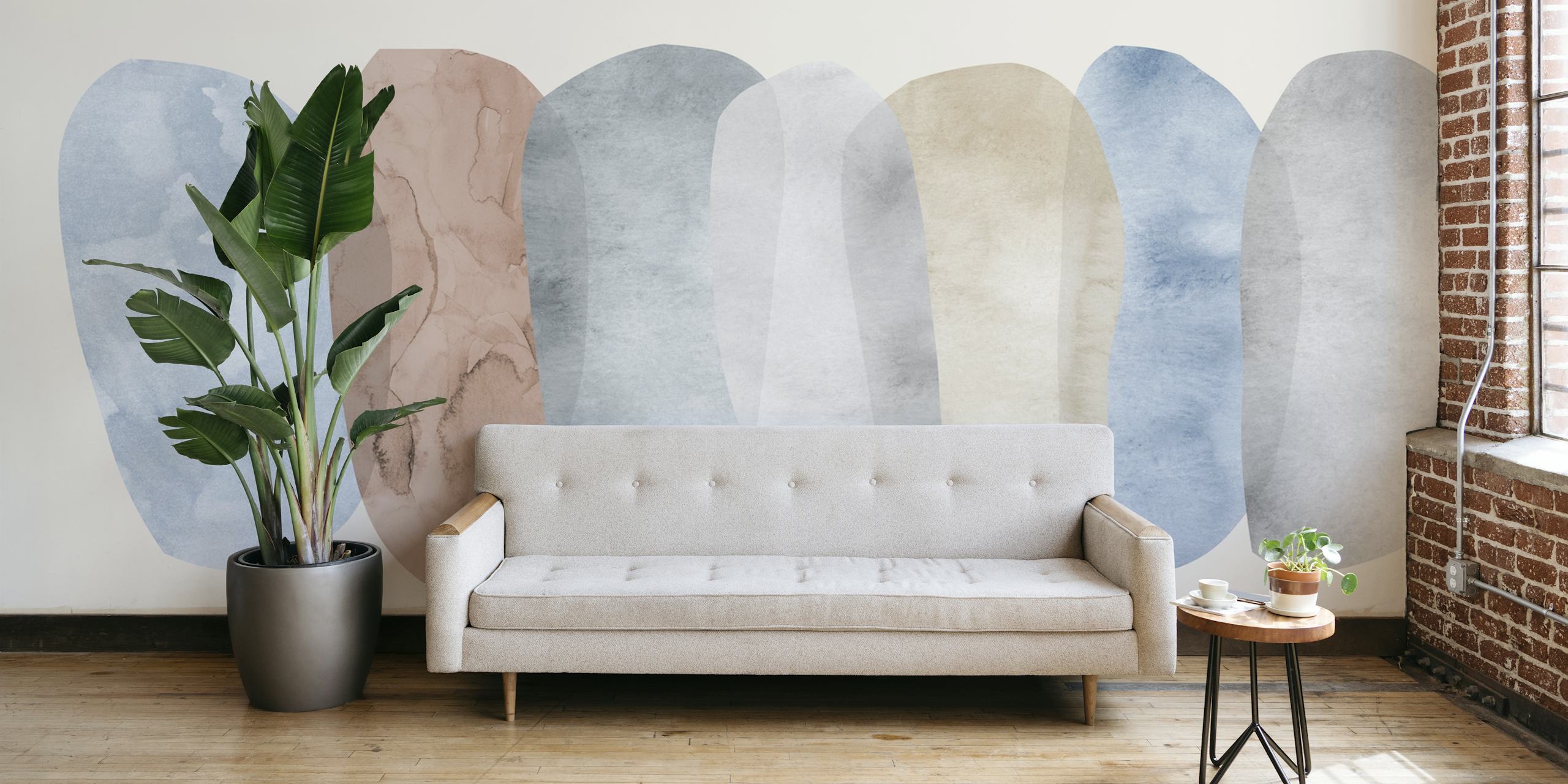 Abstract watercolor shapes in soft blues, beiges, and grays wallpaper