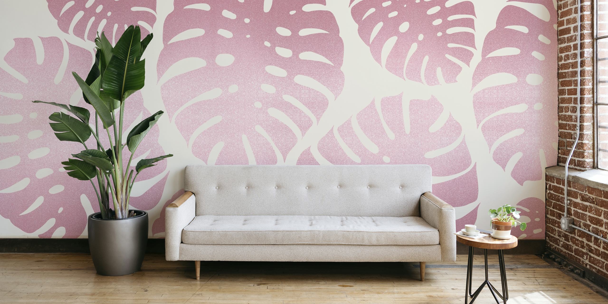Large pink monstera leaves on a light background wallpaper