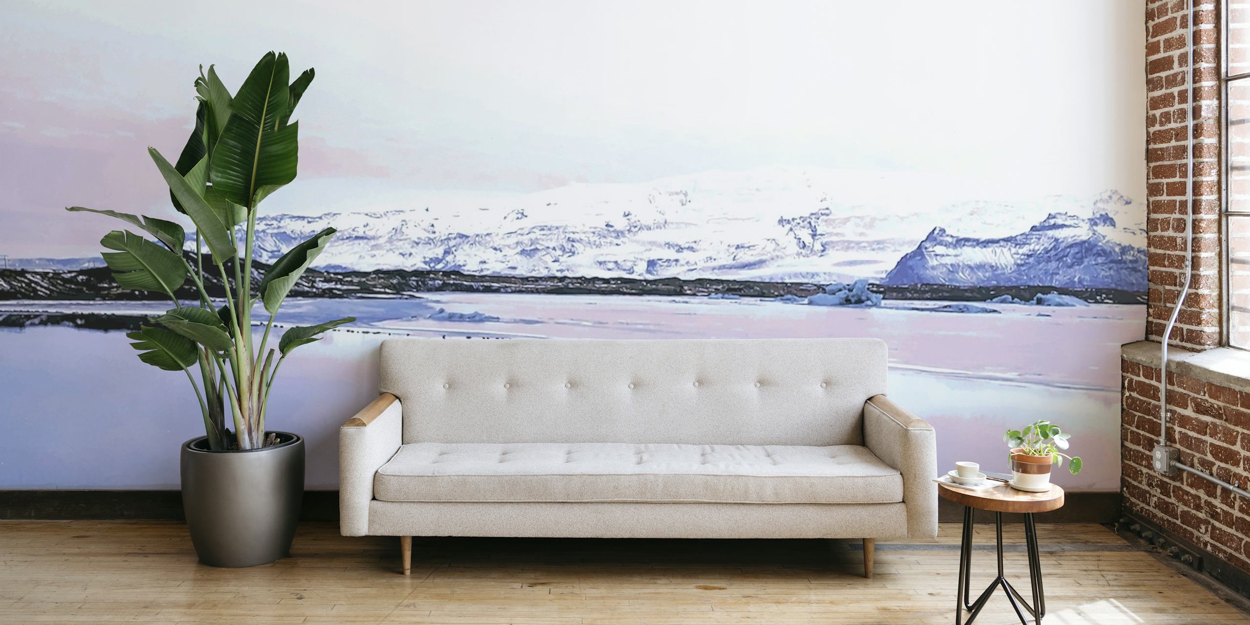 Islandsk landskabsvægmaleri med sneklædte bjerge og vandreflektioner