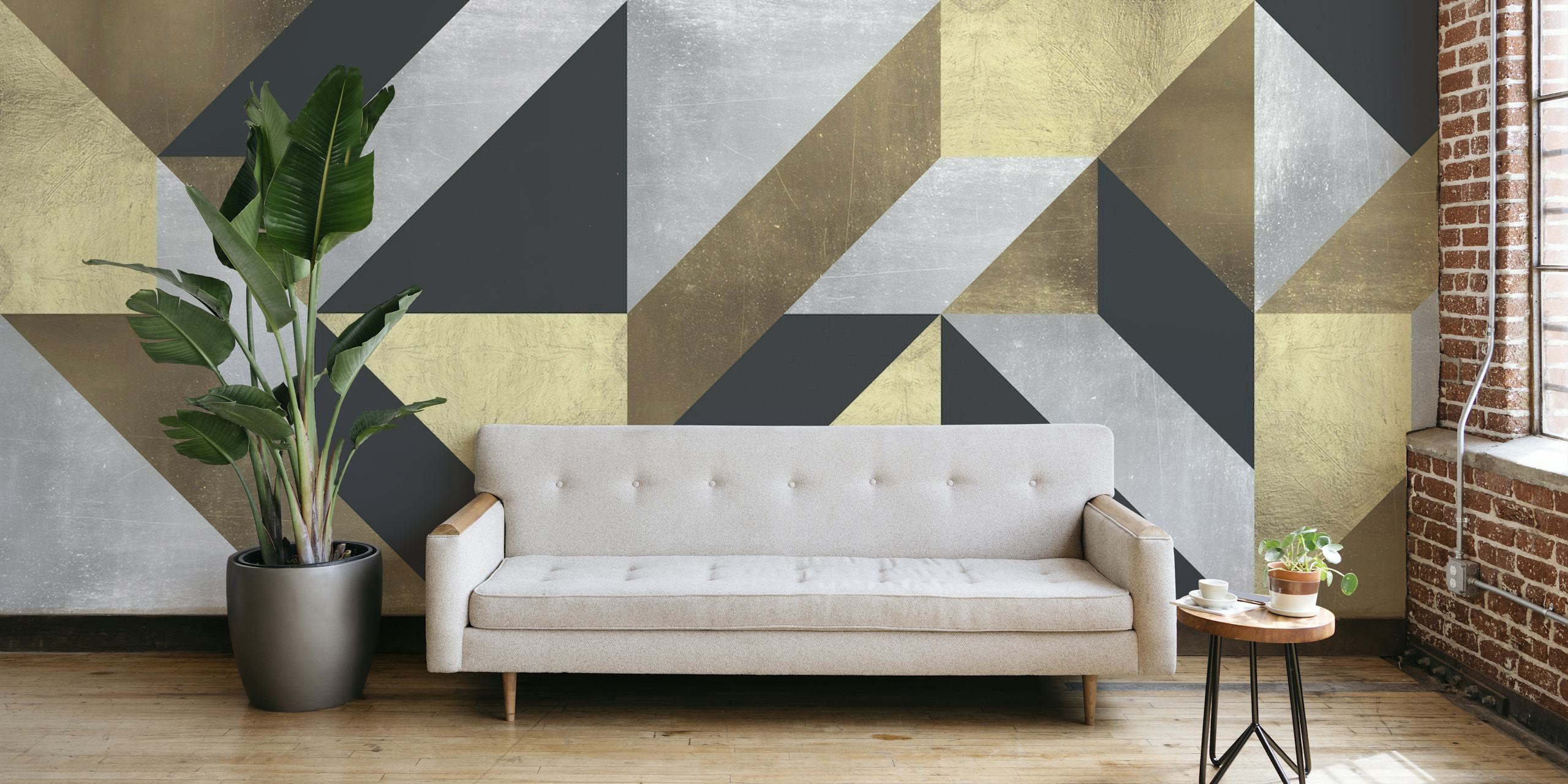 Geometric wall mural with gold, black, and metallic patterns