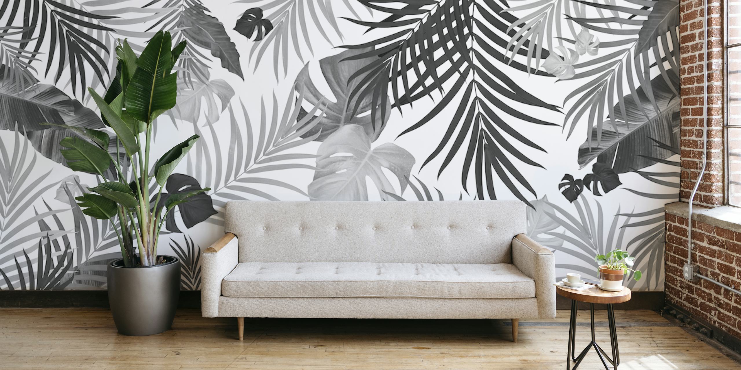 Tropical jungle leaves wallpaper in a room