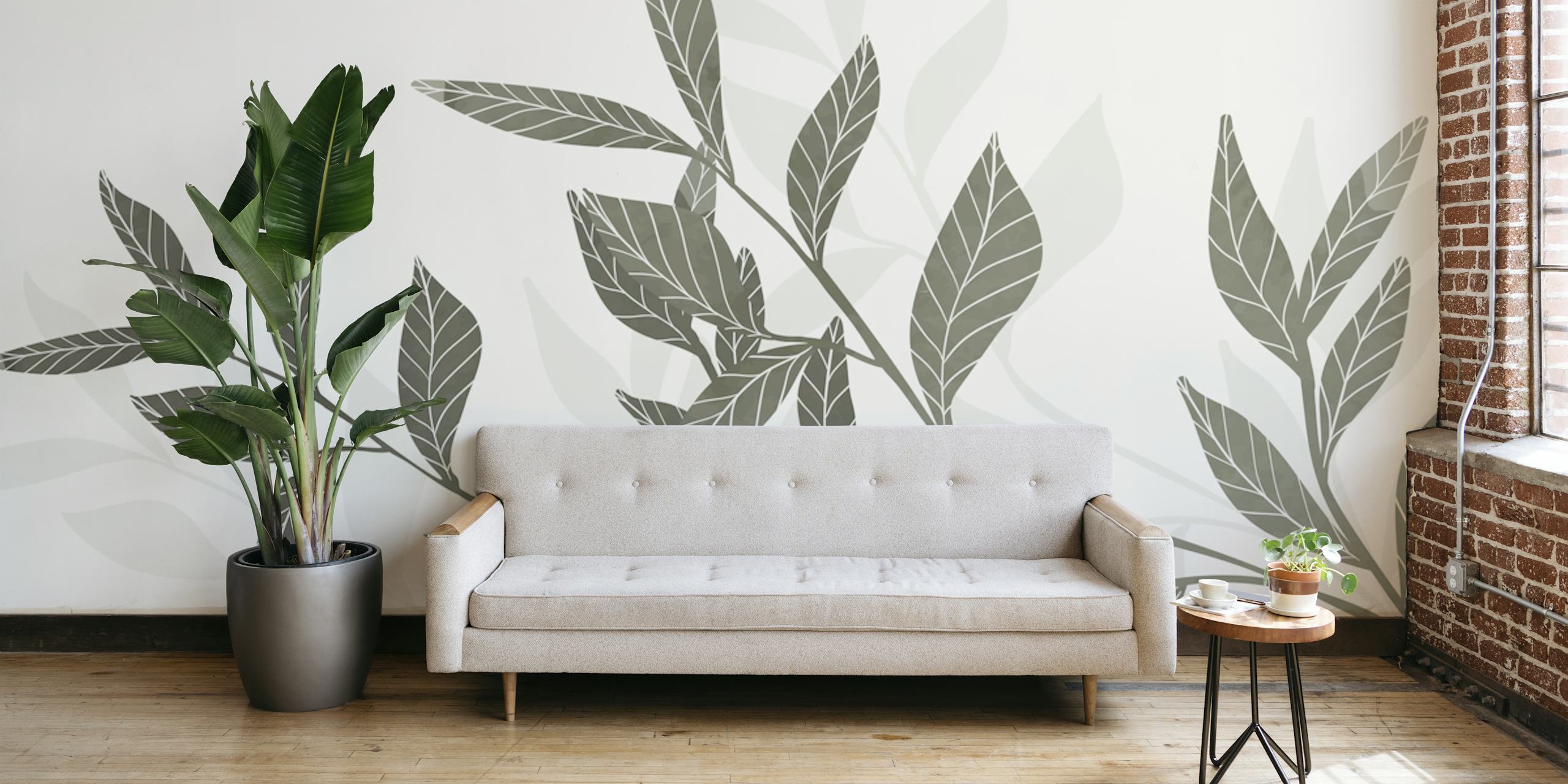 Peinture murale de style croquis représentant des plantes tropicales dans des tons subtils de vert et de gris