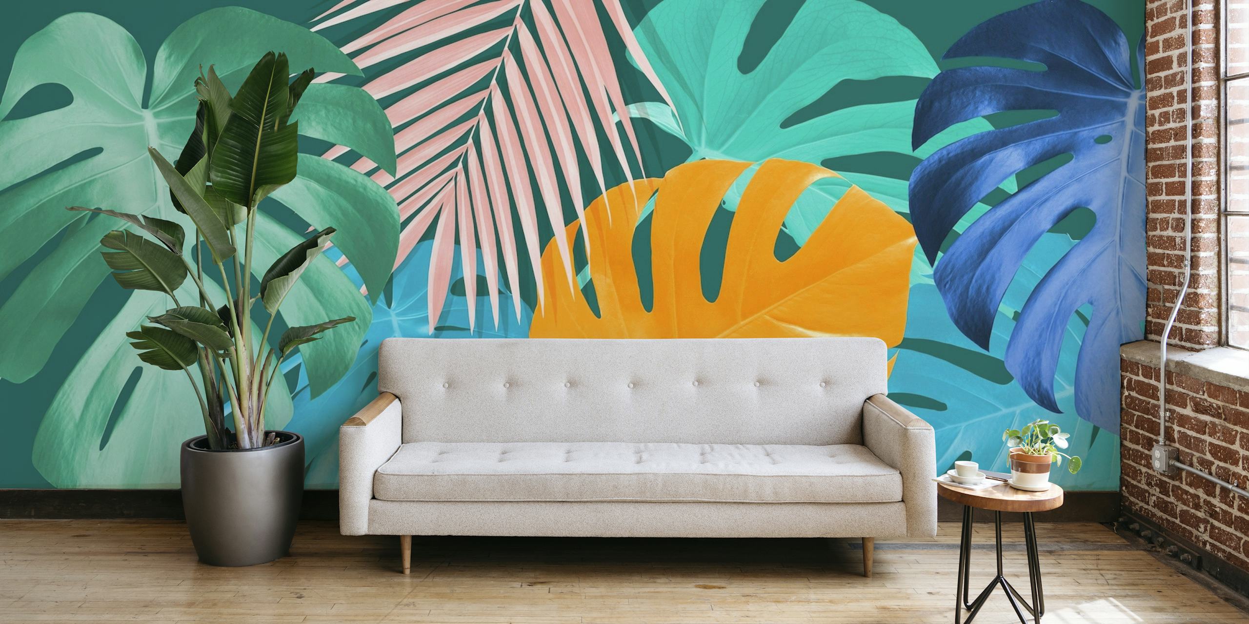Tropical pattern wall mural with lush green, teal, and orange foliage