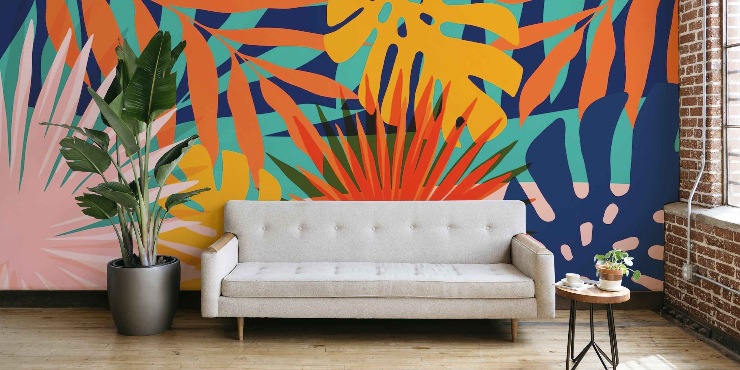 Papier peint mural au feuillage tropical vibrant avec des feuilles orange, vertes et bleues