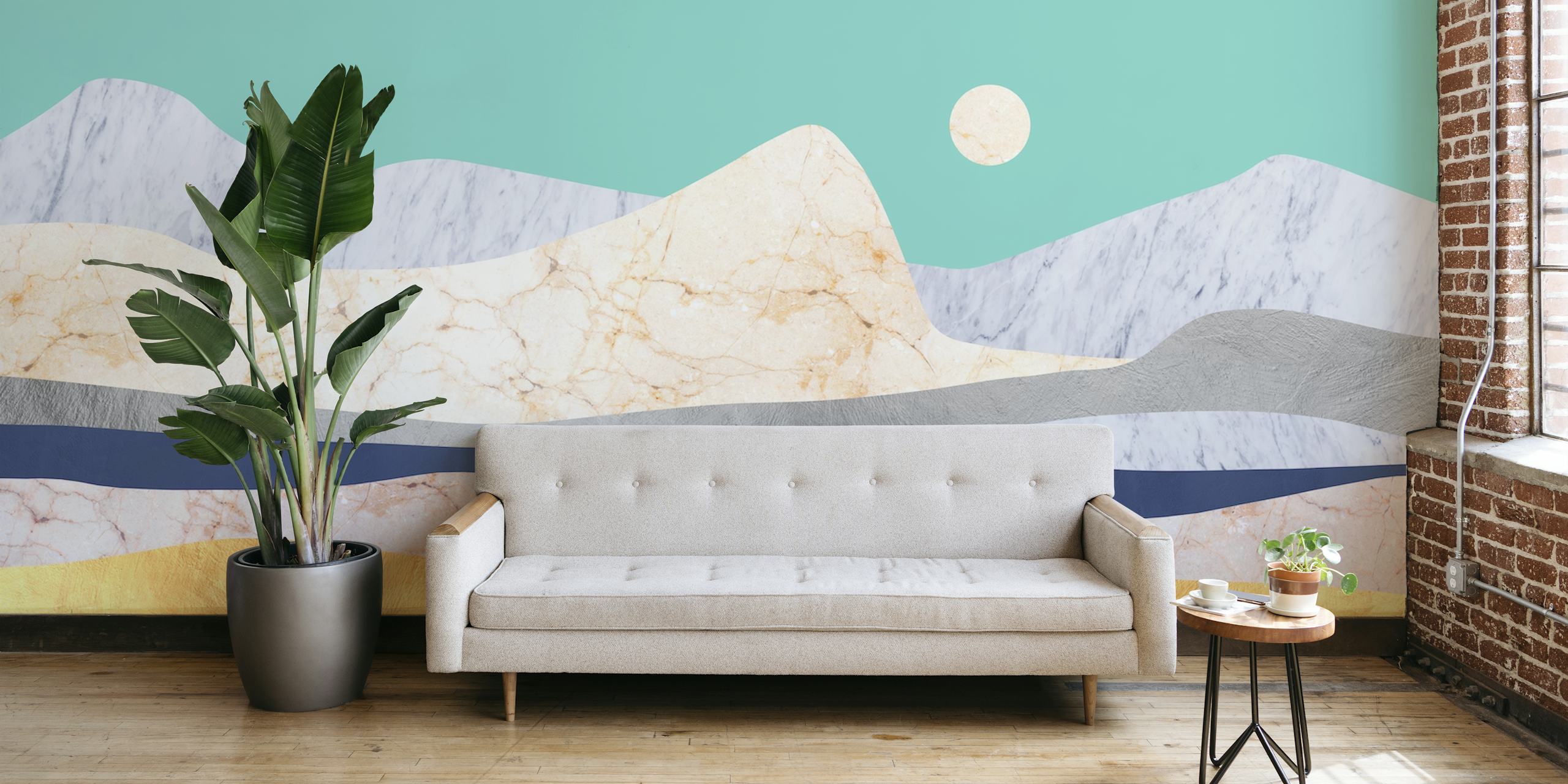 Landscape collage wallpaper in a modern room