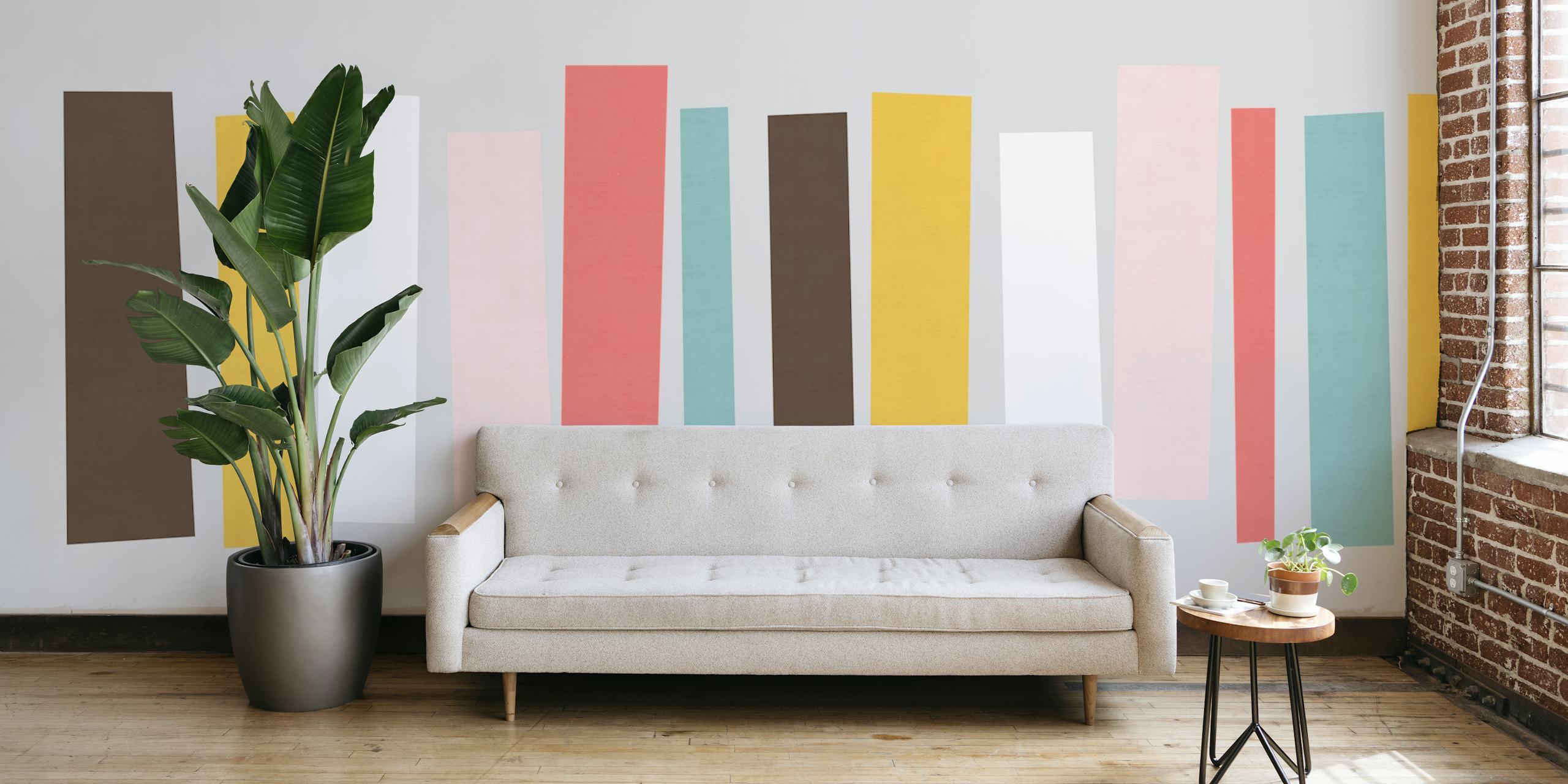 Colorful geometric striped wallpaper in brown, pink, red, and teal