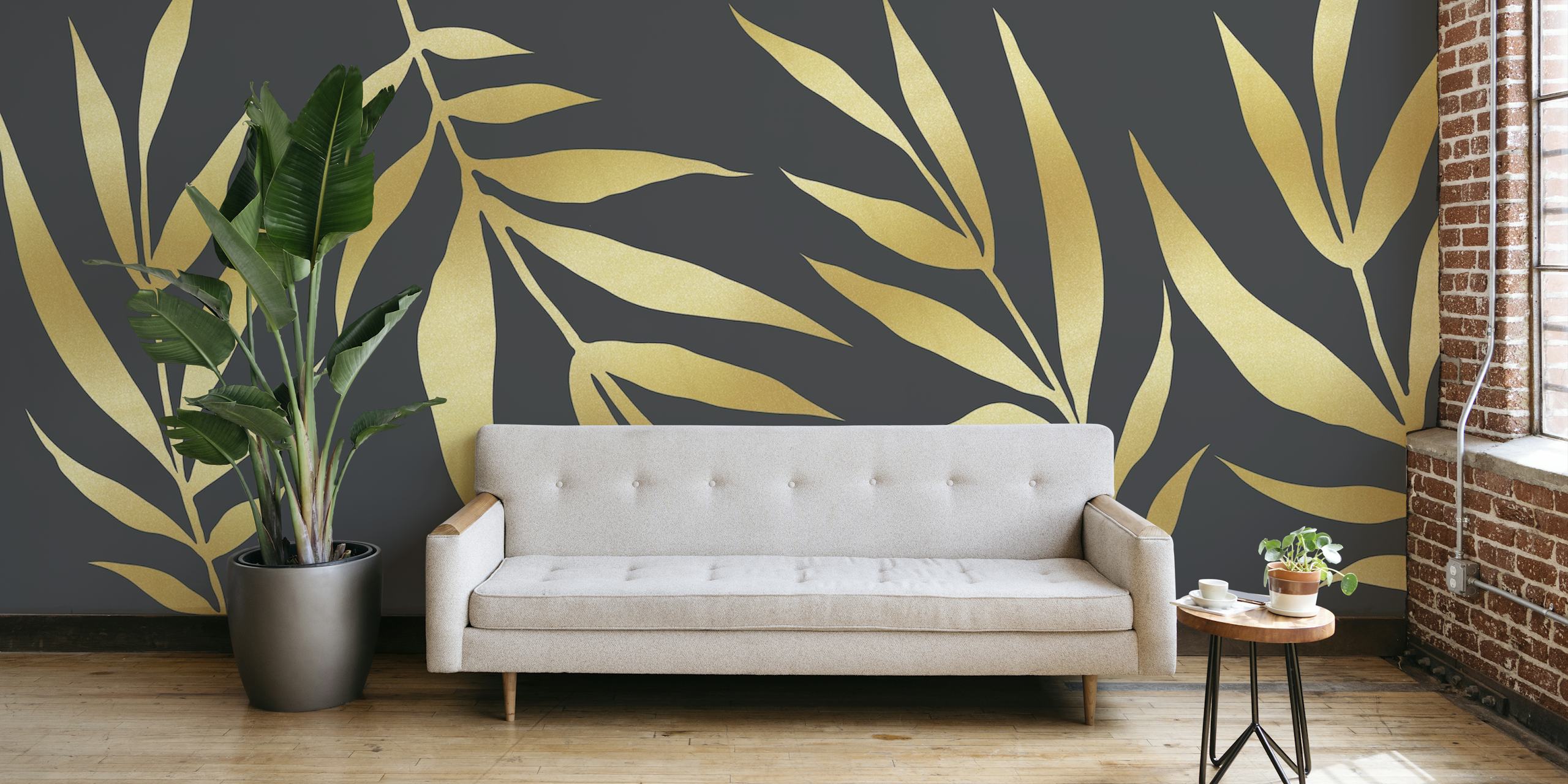 Gold leaves on black background wallpaper