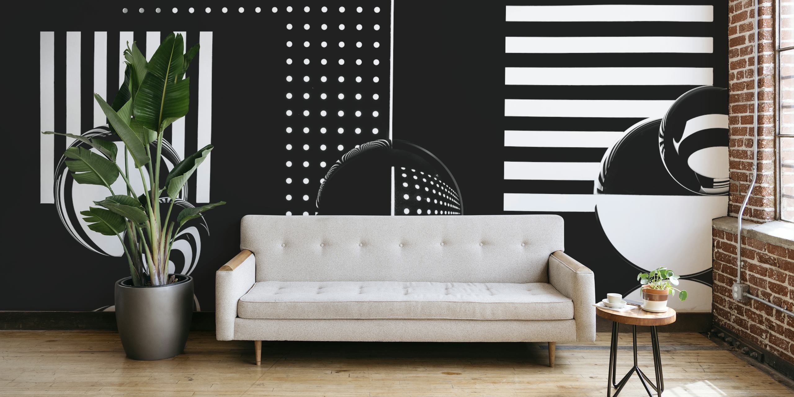 Geometric black and white wallpaper with stripes and dots design.